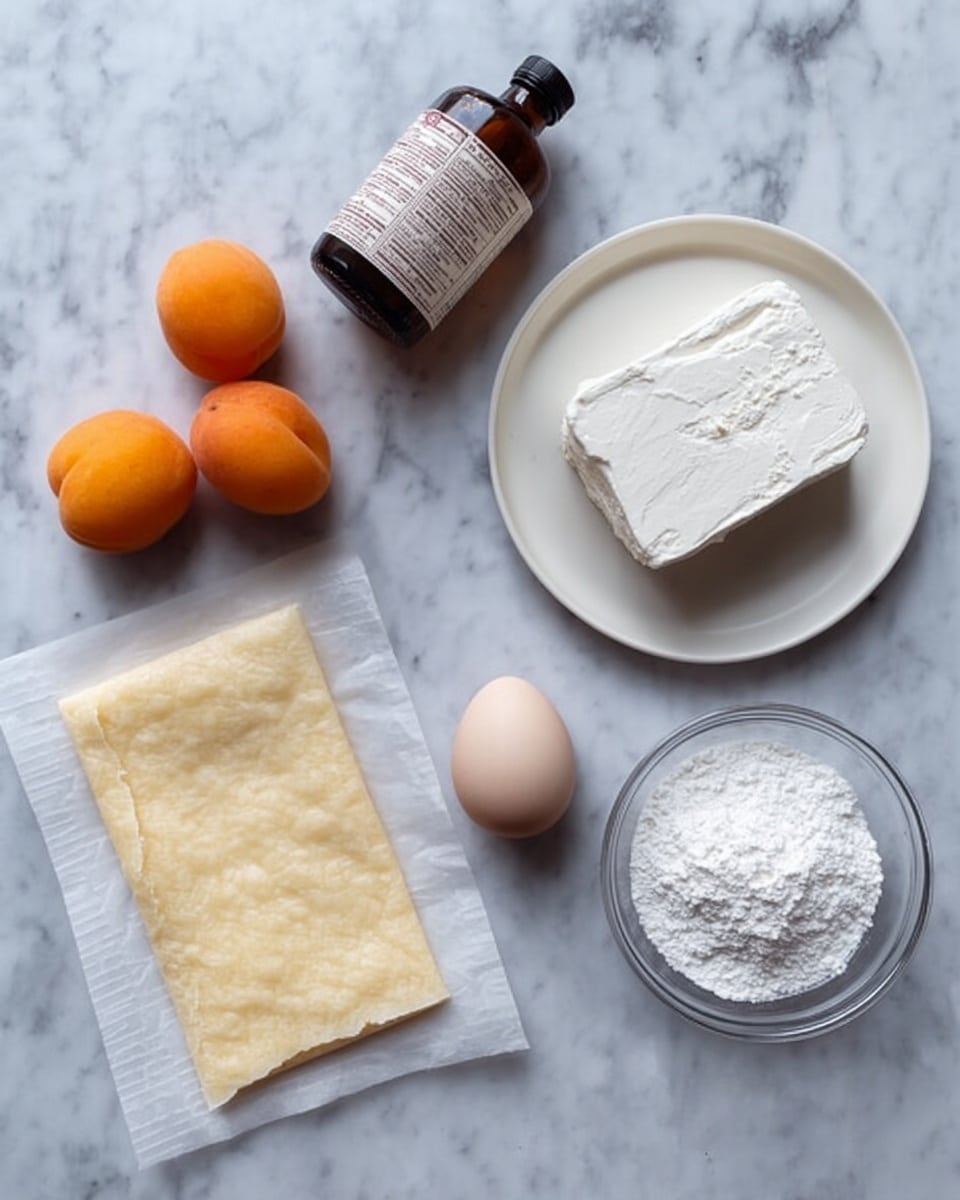The image shows six ingredients neatly arranged on a white marbled surface. On the left side, there are two whole apricots with bright orange skins. Next to them is a dark brown bottle with a white label. To the right, a white round plate holds a block of soft cream cheese with a smooth, white texture. Below the plate, an egg with a light brown shell sits alone. Adjacent to the egg, a small clear glass bowl is filled with white powdered sugar, looking fluffy and fine. At the bottom left, a rectangular sheet of light yellow puff pastry rests on white parchment paper. The items are spaced carefully to show each ingredient clearly, photo taken with an iphone --ar 4:5 --v 7