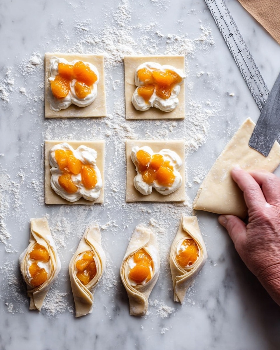 Six square dough pieces lay on a white marbled surface dusted lightly with flour, with three of them topped with dollops of white cream and bright orange fruit pieces arranged in small clusters. Below the squares, three pastry pieces are partly folded, their edges twisting over the fillings, revealing bits of the orange fruit and white cream inside. To the right, a woman's hand is folding the top right dough piece, with a clear ruler and a knife resting nearby on the white marbled surface. The dough looks soft and pale, with a light dusting of flour on top. photo taken with an iphone --ar 4:5 --v 7