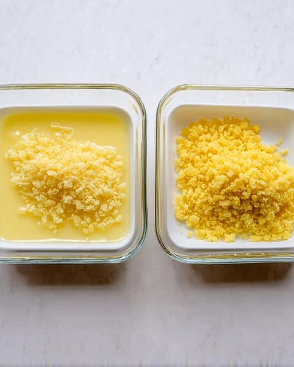 The image shows two white square glass dishes on a white marbled surface. Each dish contains a yellow melted butter layer, smooth and shiny, that fills the bottom. On the right side of the image, both dishes have a pile of small, bright yellow crumbly bits on top of the butter layer, covering most of the surface. The crumbly bits look rough and grainy, with an uneven texture. Photo taken with an iphone --ar 4:5 --v 7