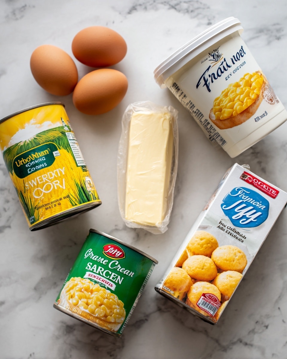 The image shows six cooking ingredients placed on a white marbled surface. Two brown eggs sit together on the left side near a can of Urban Meadow Whole Kernel Sweet Corn with a yellow and green label. Next to the eggs is a stick of unsalted butter wrapped in beige paper, lying horizontally. To the right are two cans of Green Giant Cream Style Sweet Corn with a green and white label, and a white container of Friendship Sour Cream with a white lid and red and blue writing. On the far right is a box of Jiffy corn muffin mix, mostly white with blue and red text and an image of three golden yellow muffins. Photo taken with an iphone --ar 4:5 --v 7
