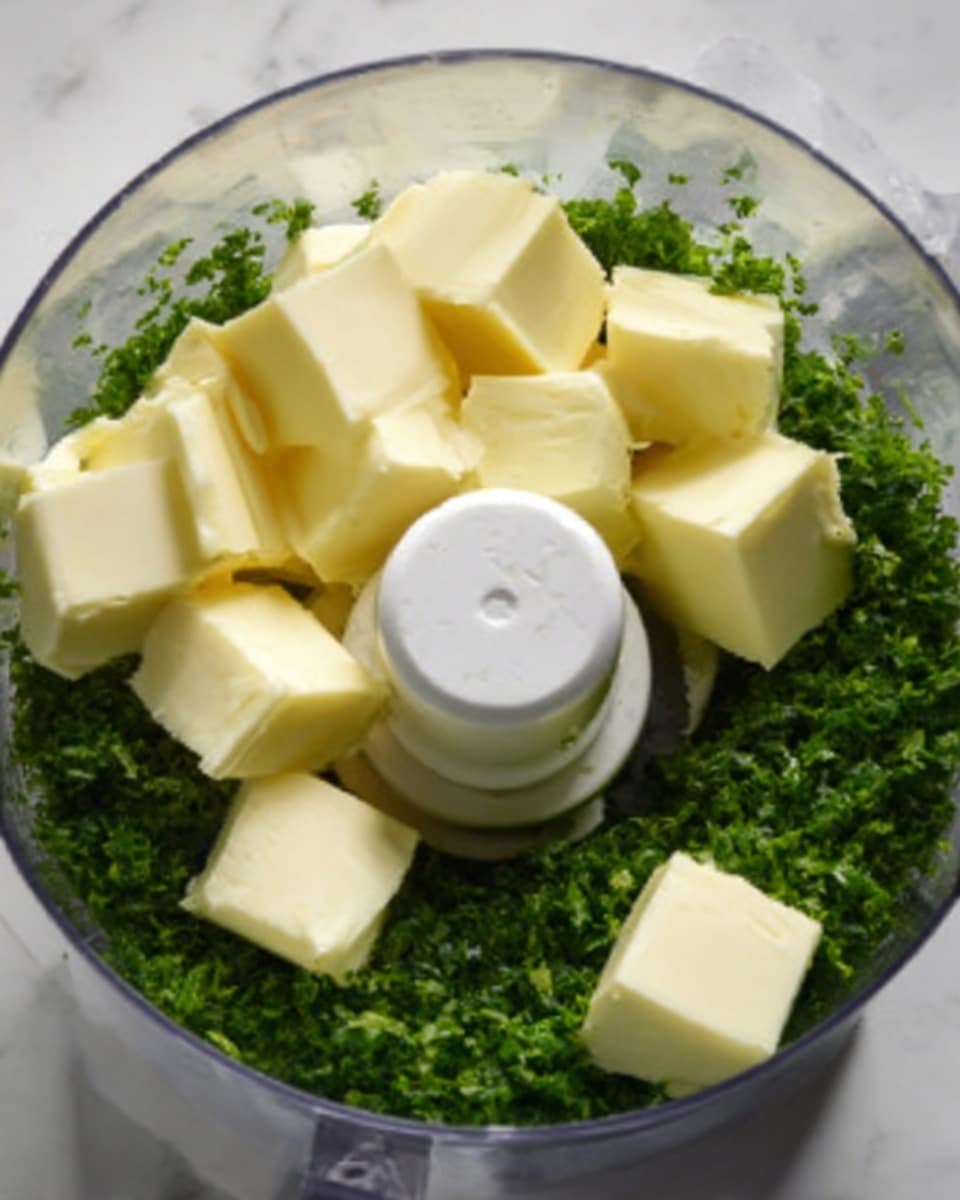 The image shows a clear food processor bowl filled with cubed pale yellow butter arranged evenly on top of a bed of chopped green herbs. The herbs create a textured green layer at the bottom, while the butter pieces are smooth and solid, spread in a circular pattern around the center white plastic blade component. The background surface is a white marbled texture, adding brightness to the scene. photo taken with an iphone --ar 4:5 --v 7
