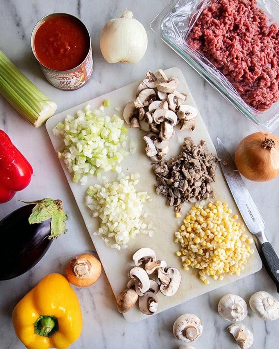 A white cutting board sits on a white marbled surface, filled with four piles of chopped ingredients: finely chopped garlic in pale yellow, white chopped onions, light yellow chopped corn, and light brown chopped mushrooms. Around the board, there is a red bell pepper, a yellow pepper, an eggplant with purple and green hues, celery, whole garlic, a white onion, and brown mushrooms. In the background and to the upper right is a plastic tray with raw ground beef, wrapped half in clear plastic. Next to it is a can of red tomato sauce with the lid partially open and a silver knife resting on the cutting board's edge. A woman's hand is partly visible holding the edge of the cutting board. Photo taken with an iphone --ar 4:5 --v 7