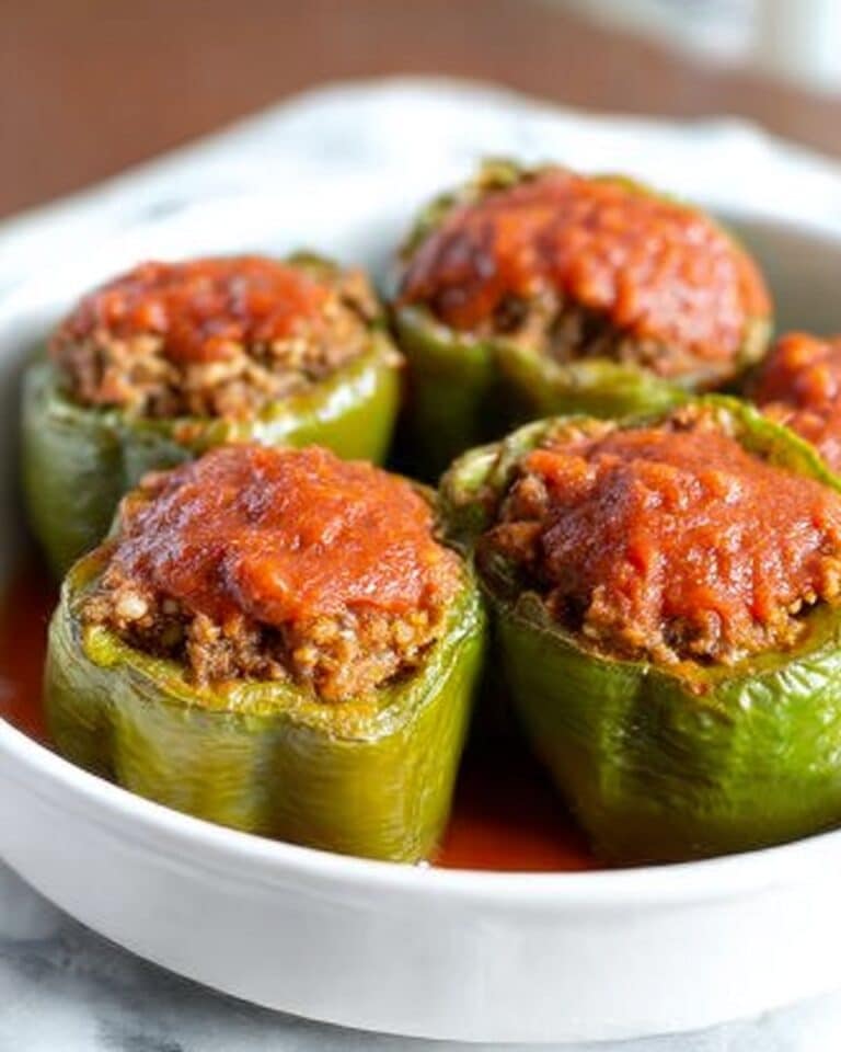 Stuffed Green Bell Peppers with Ground Beef, Rice, and Tomato Sauce Recipe