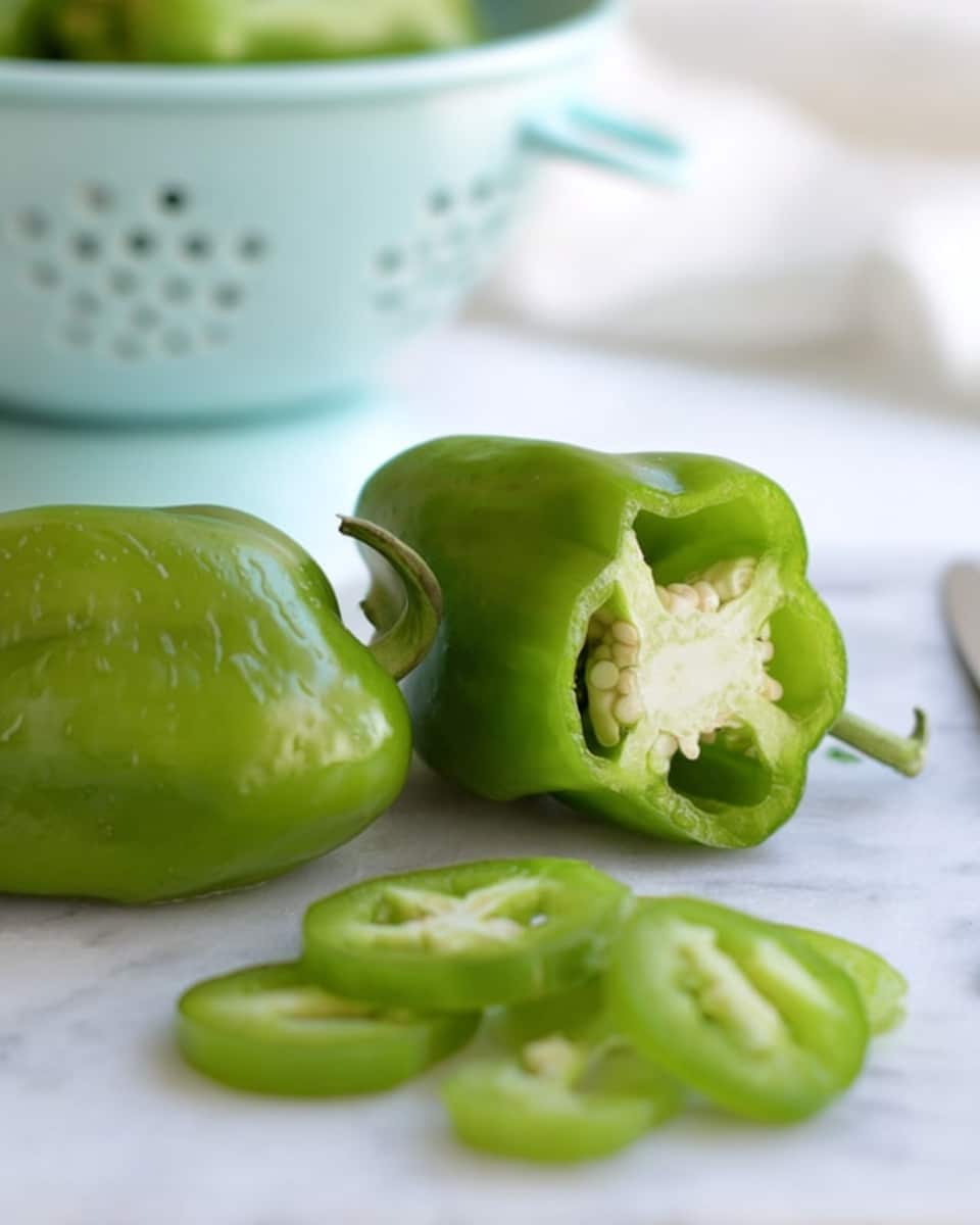 The image shows a close-up of fresh green peppers on a white marbled surface. There are two whole green peppers with a smooth, glossy texture, one lying down and the other slightly turned to show its stem end. Next to them is a halved green pepper showing the white seeds and inner texture clearly. In front, thin round slices of the green pepper are laid flat, showing the green outer edges and pale inner flesh. In the blurred background, there is a white colander with light blue color and handles. The scene is brightly lit with soft natural light, highlighting the freshness of the peppers. photo taken with an iphone --ar 4:5 --v 7