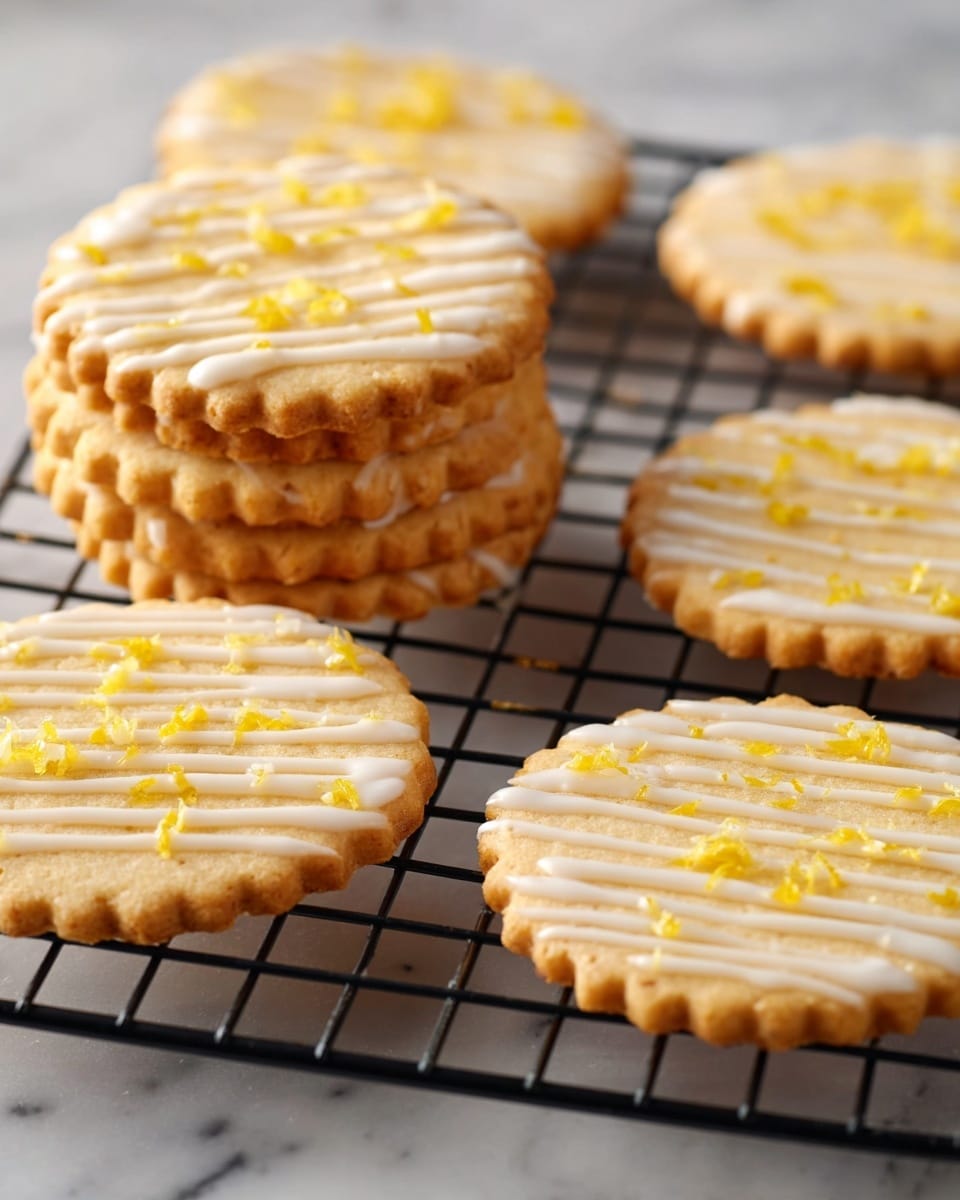 Round cookies with scalloped edges, stacked on a black cooling rack over a white marbled surface. Each cookie has a pale golden-brown base topped with a smooth white icing layer drizzled in thin diagonal lines. Small pieces of bright yellow zest are sprinkled lightly on top of the icing, adding texture and color contrast. The cookies appear soft with slightly browned edges, showing a delicate crumb texture. Photo taken with an iphone --ar 4:5 --v 7