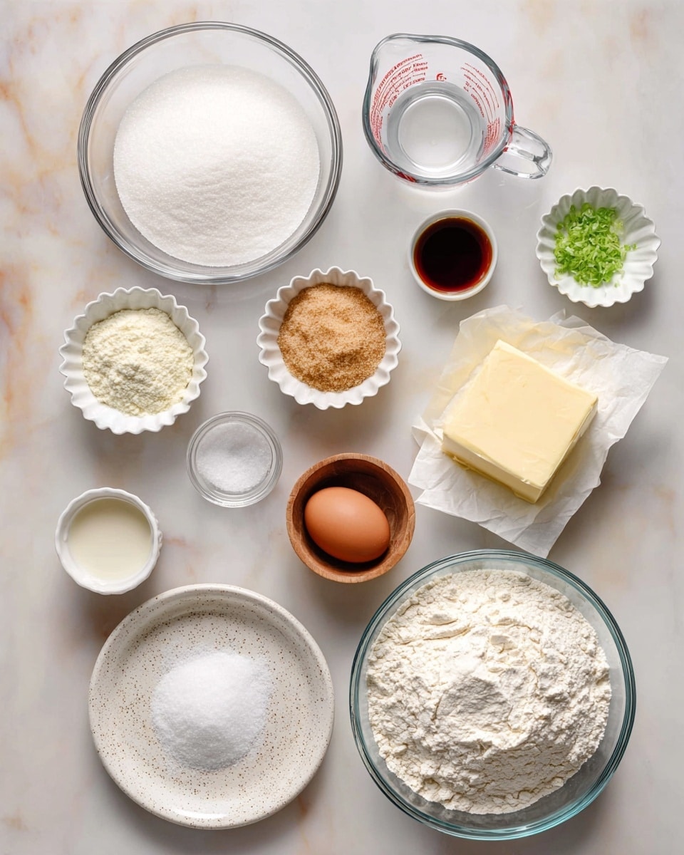 A top view of various baking ingredients neatly arranged on a white marbled surface, including a large clear glass bowl filled with white flour at the bottom right, a glass measuring cup with white powdered sugar to the left of it, a round white bowl filled with granulated white sugar at the top left, a small white bowl with light brown sugar above the flour, a whole brown egg in a small white fluted cup next to the brown sugar, a block of pale yellow butter on white paper to the right, a small white bowl with dark vanilla extract below the butter, a small bowl with green lime zest near the egg, a small white bowl with clear liquid above the flour, and a speckled white small plate with coarse salt and white powder to the left of the wooden egg bowl. All items are well spaced and the lighting is soft and even. Photo taken with an iphone --ar 4:5 --v 7