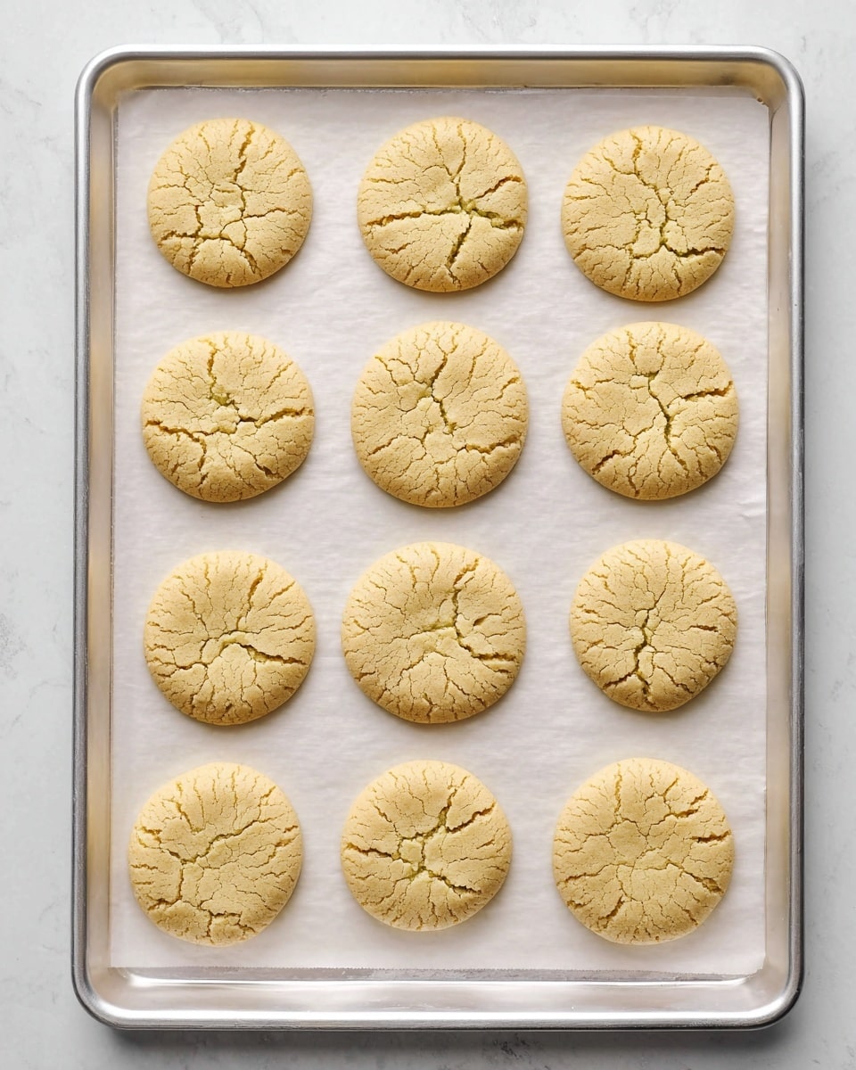 Twelve round, light golden cookies with crackled tops are evenly spaced in a 3x4 grid on a white parchment paper-lined silver baking tray. The cookies have a slightly rough texture with small cracks visible on their surface, showing subtle green specks inside. The tray rests on a white marbled surface. photo taken with an iphone --ar 4:5 --v 7