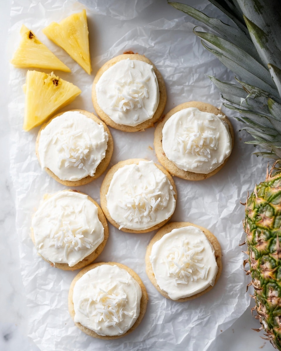 The image shows seven round cookies with a light golden base, topped with a thick layer of smooth white frosting, which is swirled on top. Each cookie is sprinkled with white shredded coconut, mainly placed on one side of the frosting. To the top left, there are triangular pineapple pieces with a yellow interior and green skin edges, aligned in a small cluster. The top right corner features part of a whole pineapple with rough green and brown skin. All items are placed on white crinkled parchment paper over a white marbled surface. photo taken with an iphone --ar 4:5 --v 7