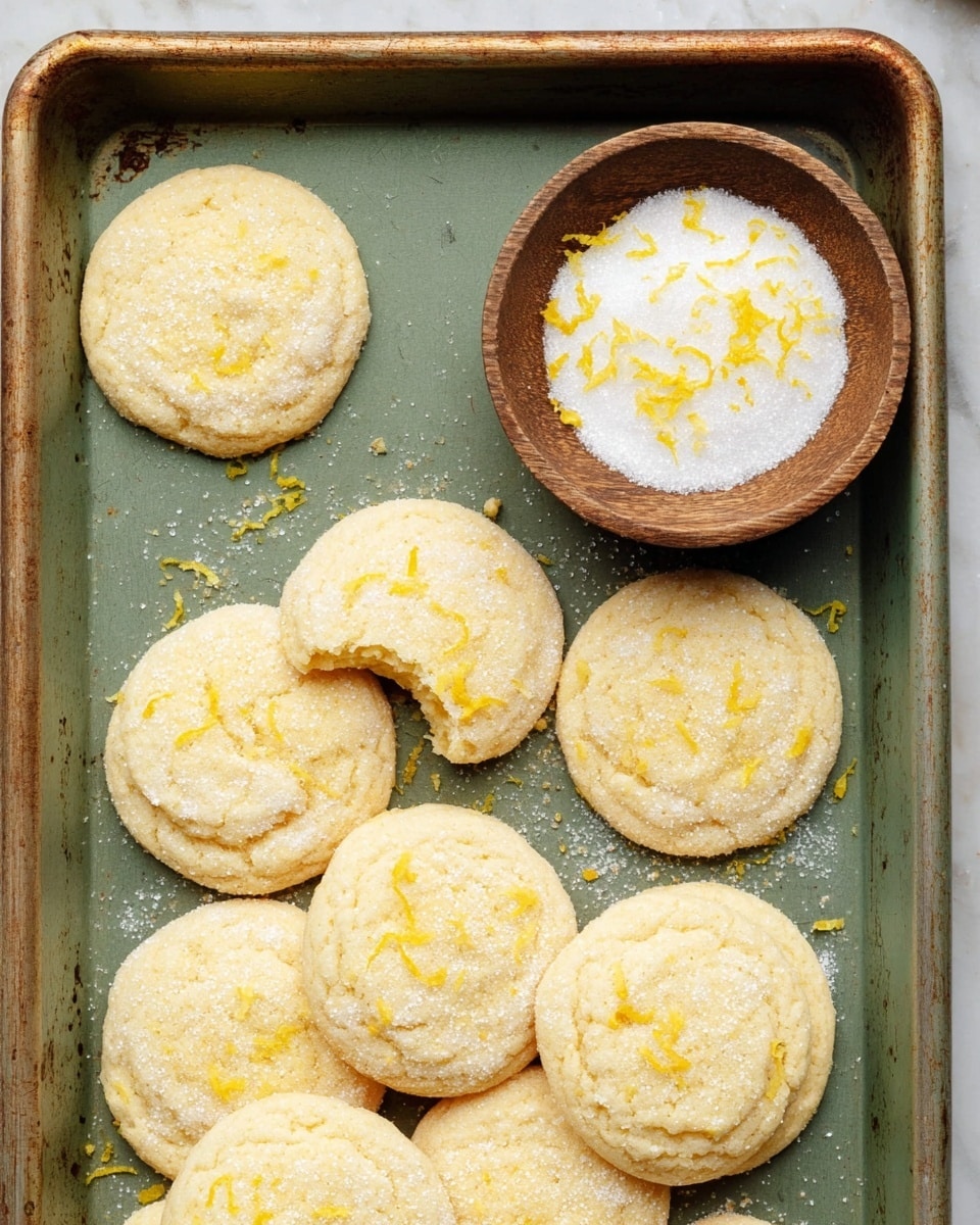 There is a silver baking tray filled with round cookies dusted with sugar. Each cookie is light yellow with a rough sugar texture on top and small bits of bright yellow zest scattered over them. One cookie near the bottom has a bite taken out, showing a soft inside. On the top right side of the tray, a small round wooden bowl is filled with white granulated sugar mixed with yellow zest. The tray is placed on a white marbled textured surface. photo taken with an iphone --ar 4:5 --v 7