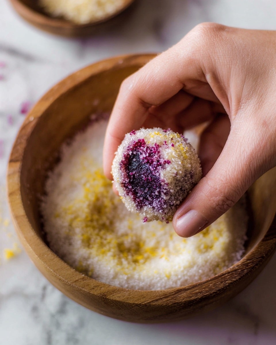A woman's hand is holding a small ball covered in coarse sugar and purple berry bits, over a wooden bowl filled with a layer of granulated sugar mixed with some yellow zest. The ball has a rough texture and shows a deep purple color inside the sugar coating. The wooden bowl sits on a white marbled surface with another bowl blurred in the background. Photo taken with an iphone --ar 4:5 --v 7