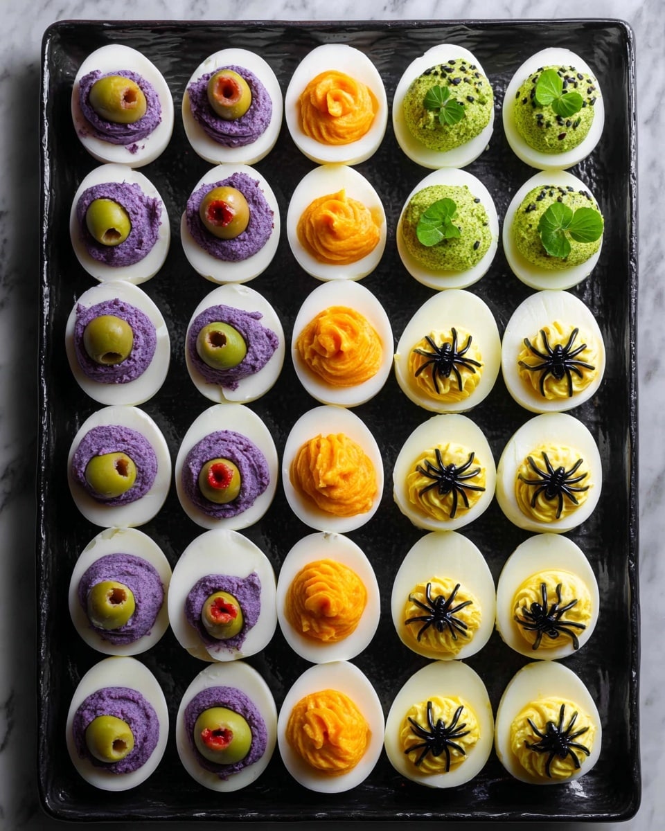 Halloween Deviled Eggs with Eyeball, Pumpkin, Spooky Green, and Spider Decorations Recipe
