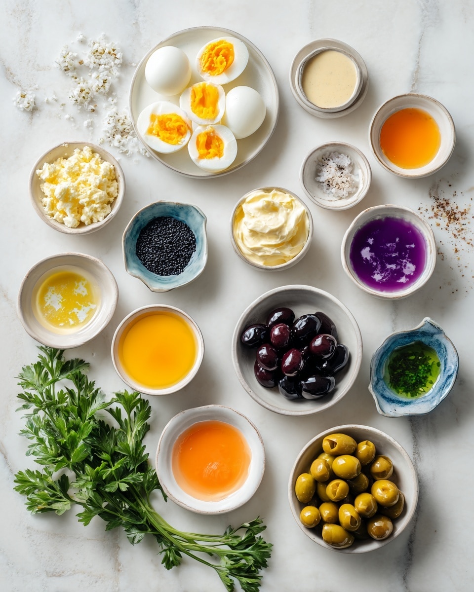 Top-down professional food photography, flat lay style, bright white marble countertop, neatly arranged, evenly spaced, tidy, clean organized layout, include: small plate of hard boiled egg whites halved and separated, small plate of pressed egg yolks, small bowl of creamy mayonnaise, small bowl of Dijon mustard, small bowl of kosher salt, small bowl with purple food coloring drops, small bowl with orange food coloring drops, small bowl with green food coloring drops, small small plate with sliced pimento-stuffed green olives, small plate with whole black olives, small bowl with curly parsley leaves, small bowl with black sesame seeds, bright soft natural lighting, sharp focus, high detail textures, realistic reflections, professional DSLR look, 4K, no finished dish, no cooked food, no hands, no text, no watermark, no brand logos --ar 4:5 --v 7