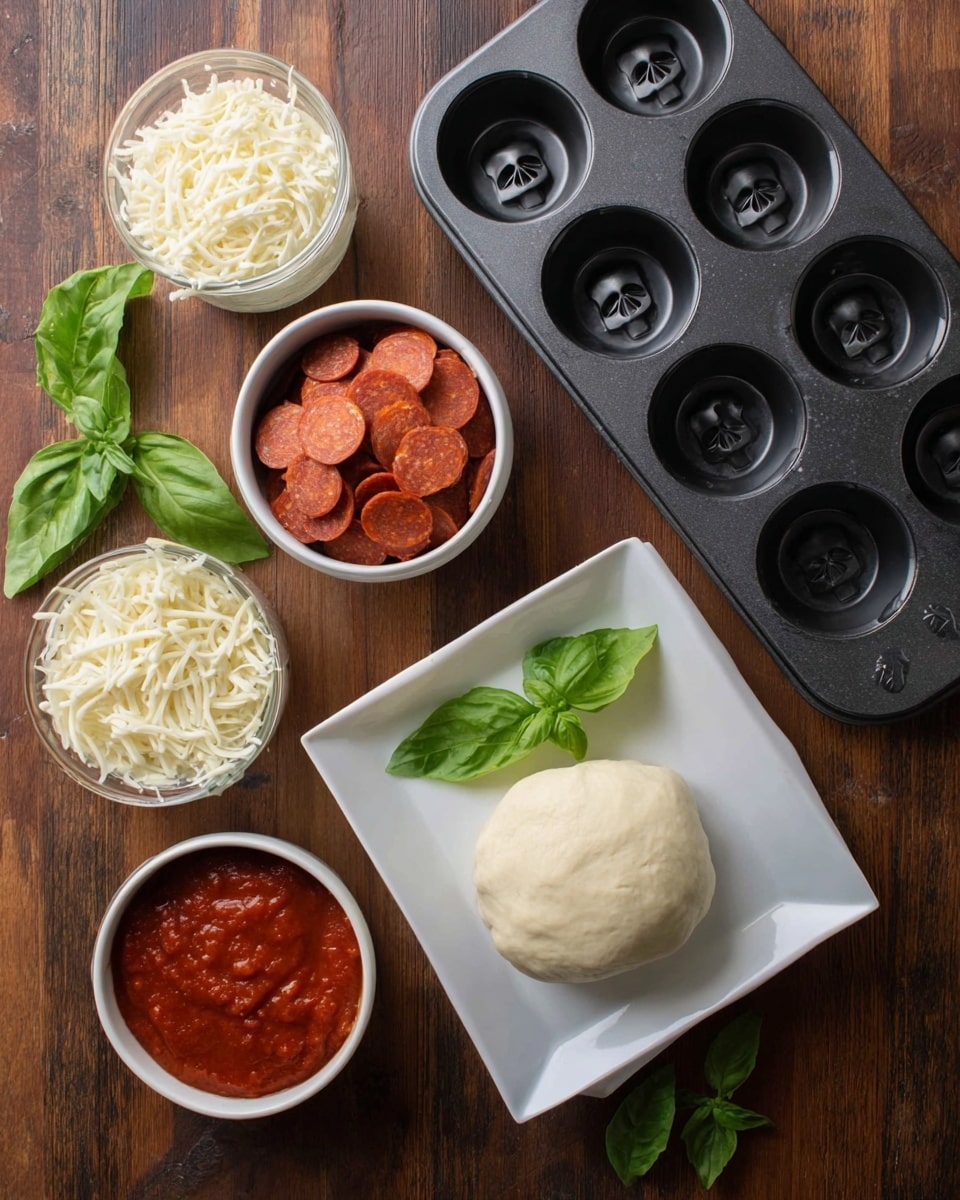 The image shows a flat white square plate holding a roll of pale dough and three fresh green basil leaves resting on it. Around the plate, there are three small white bowls arranged on a dark wooden surface: one filled with bright red tomato sauce, another with shredded white cheese, and a third with sliced small round pepperoni. To the upper right, there is a black metal baking tray with four skull-shaped molds. Two fresh basil leaves are placed beside the bowls on the wooden surface. photo taken with an iphone --ar 4:5 --v 7
