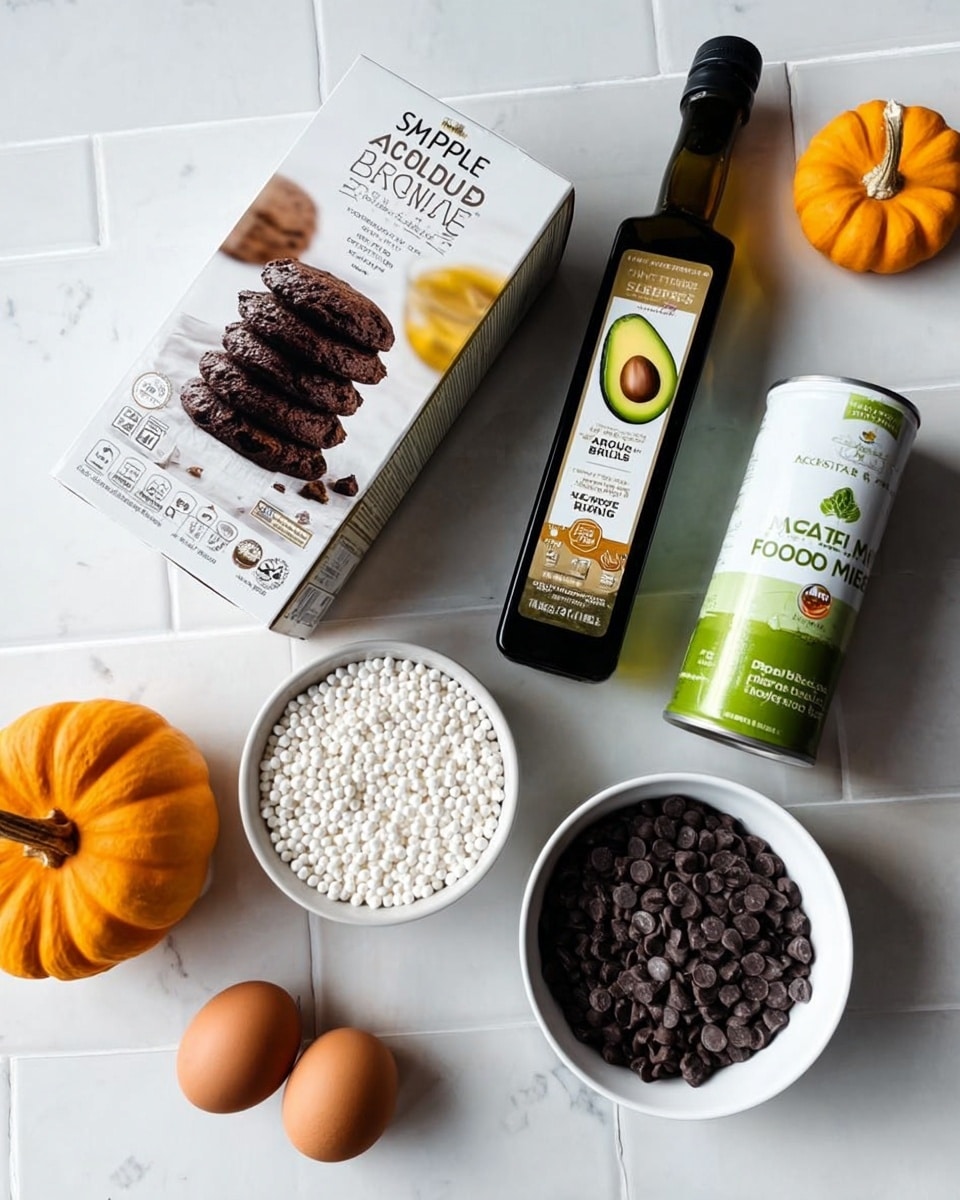 The image shows a white marbled table with various baking ingredients neatly arranged: a box of Simple Mills almond flour brownie mix with a picture of stacked brownies on the front; two whole brown eggs placed side by side below the box; a white bowl filled with small white spheres likely to be baking chips near the top center; a tall dark bottle of Madhava avocado oil with an avocado image on the label placed to the right of the bowl; a white bowl filled with many small dark chocolate chips at the bottom right; and a green can of Native Forest organic coconut milk to the right of the oil bottle. Two small orange pumpkins sit to the top left corner. The background is a white tiled wall. photo taken with an iphone --ar 4:5 --v 7