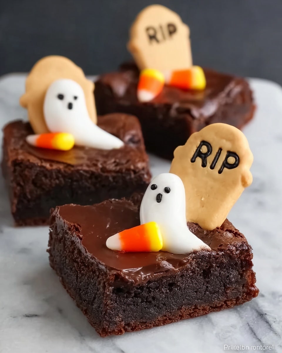 The image shows three chocolate brownies arranged closely together on a white marbled surface. Each brownie has a thick, shiny layer of dark chocolate frosting on top. On this layer, there is a small white ghost-shaped candy holding an orange and yellow candy piece, positioned near the front edge. Behind each ghost candy, a pale yellow cookie shaped like a tombstone with