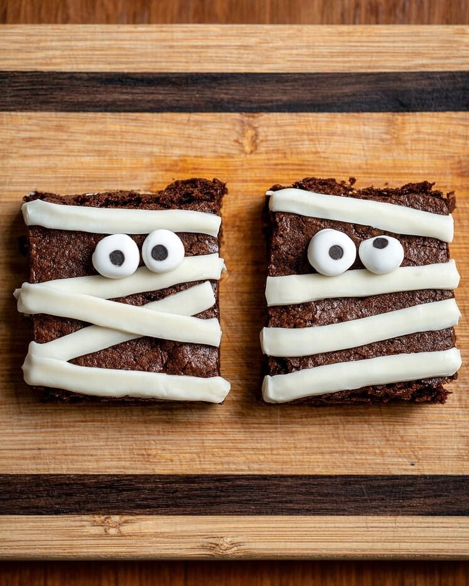The image shows two square brownie pieces placed side by side on a wooden cutting board. Each brownie has three thick white icing strips laid across it, resembling bandages. On top of each brownie, two white candy eyes with black pupils are placed, giving a playful mummy look. The brownies have a dark brown, slightly textured surface, and the icing is smooth and creamy. The wooden board has light and dark wood grains and a rectangular dark wood inlay in the middle. Photo taken with an iphone --ar 4:5 --v 7