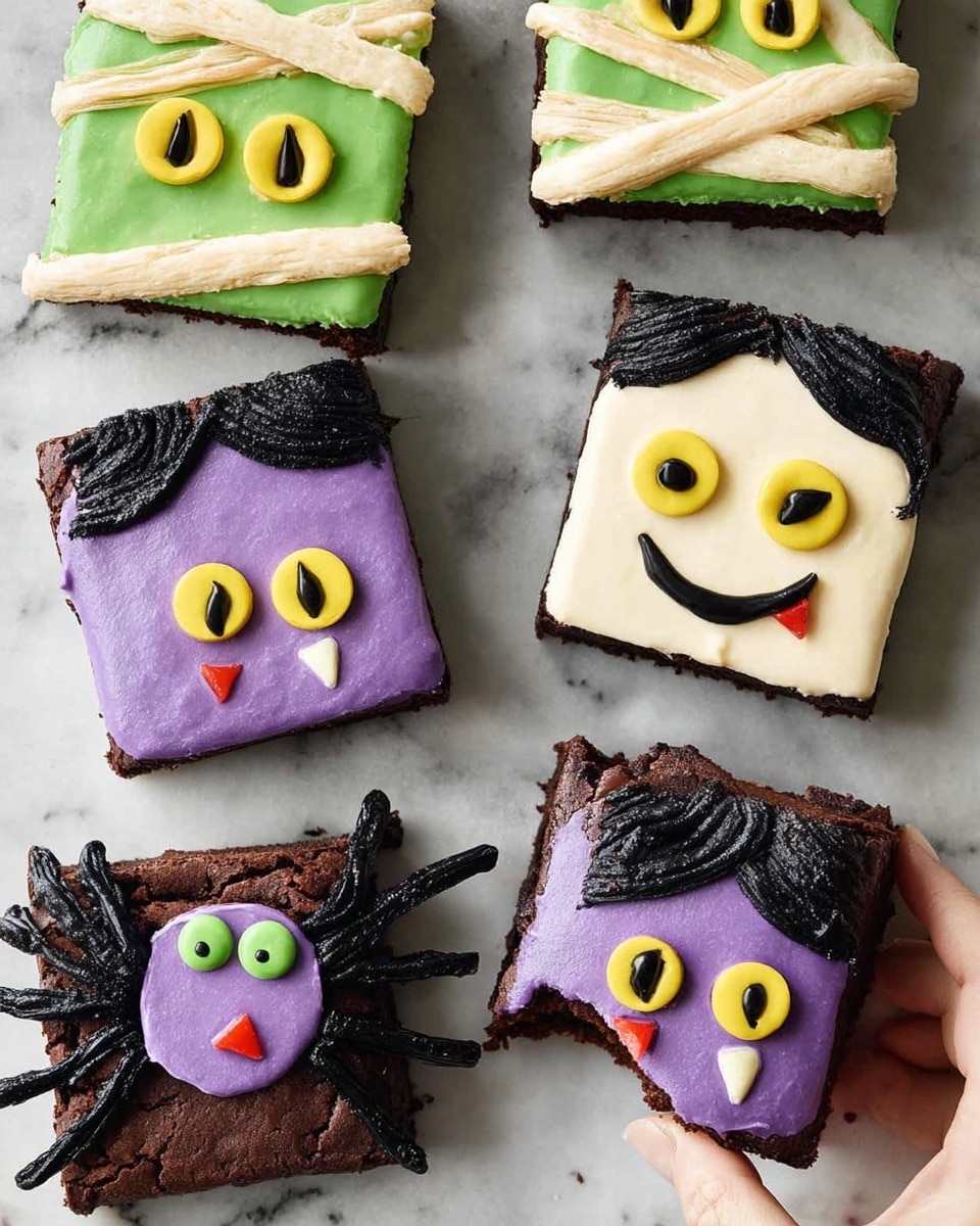 Six square brownies decorated like Halloween monsters lie on a white marbled surface. Two brownies are decorated as mummies with smooth green icing as a base, topped with cream-colored icing strips for bandages crossing diagonally, and yellow and black eyes peeking out. Two brownies are decorated as vampire faces with a cream-colored smooth icing base shaped like a rounded top, with yellow and black eyes, black curved smiles, and small red fangs at the corners. One brownie is decorated as a purple spider with a smooth purple icing base, green dots on top for eyes, red fangs, and eight curved black icing legs extending from the sides. Two brownies have bites taken off one corner, showing the dark chocolate inside. A woman's hand holds one bitten mummy brownie at the edge. The background is a white marbled surface. Photo taken with an iphone --ar 4:5 --v 7
