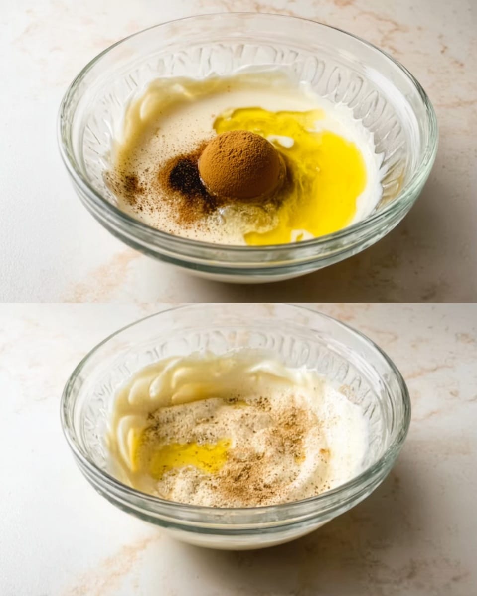 A clear glass bowl sits on a white marbled surface. Inside the bowl, there are three main layers: a white creamy base mostly covering the bottom, a round light brown spice ball placed on the creamy base to one side, and a small pool of bright yellow liquid near the center. In the second image, the ingredients are lightly mixed, showing a swirled combination of white, light brown specks from the spice, and yellow liquid inside the same glass bowl. The background is soft and neutral, giving focus to the bowl. photo taken with an iphone --ar 4:5 --v 7