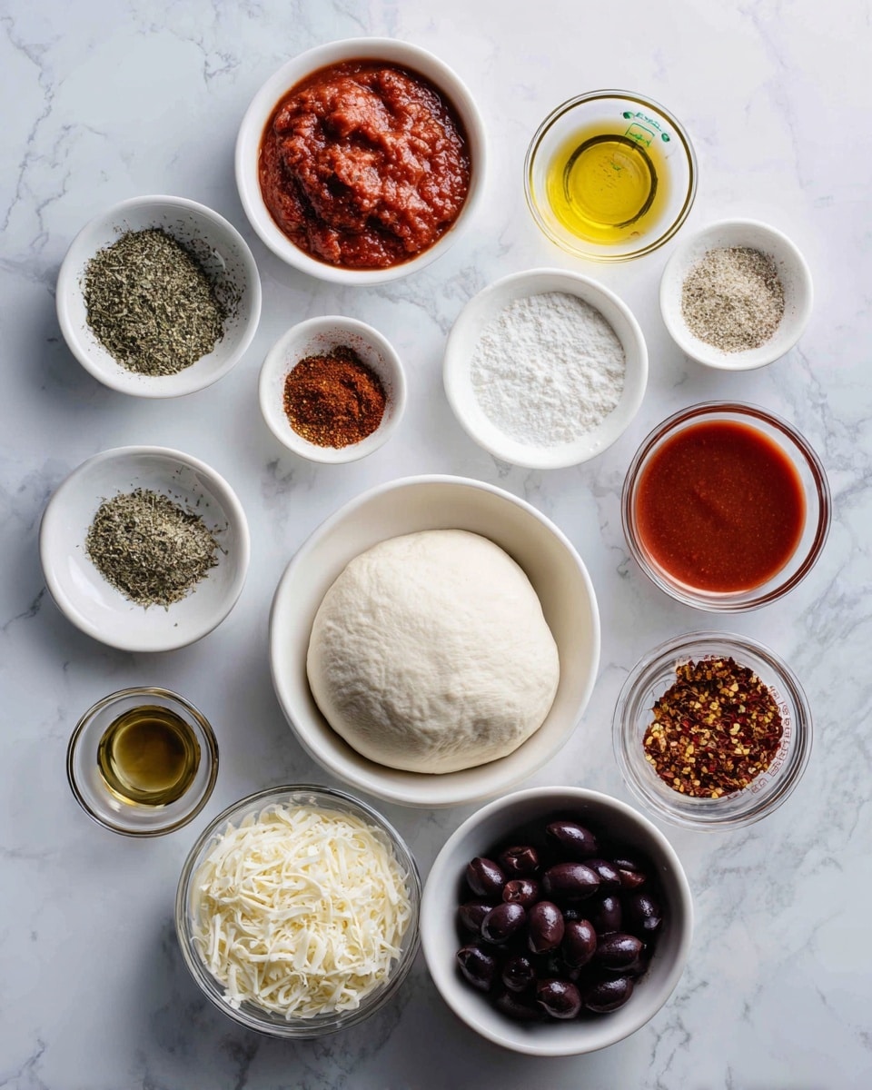 Top-down professional food photography flat lay style, bright white marble countertop, neatly arranged, evenly spaced, tidy, clean organized layout, include: bowl of pizza dough, small bowl of dried basil, small bowl of dried oregano, small bowl of dried parsley, small bowl of garlic powder, small bowl of red pepper flakes, glass measuring cup of tomato sauce, small glass cup of tomato paste, small glass cup of balsamic vinegar, bowl of shredded mozzarella cheese, bowl of pitted large black olives, bright soft natural lighting, sharp focus, high detail textures, realistic reflections, professional DSLR look, 4K, no finished dish, no cooked food, no hands, no text, no watermark, no brand logos --ar 4:5 --v 7