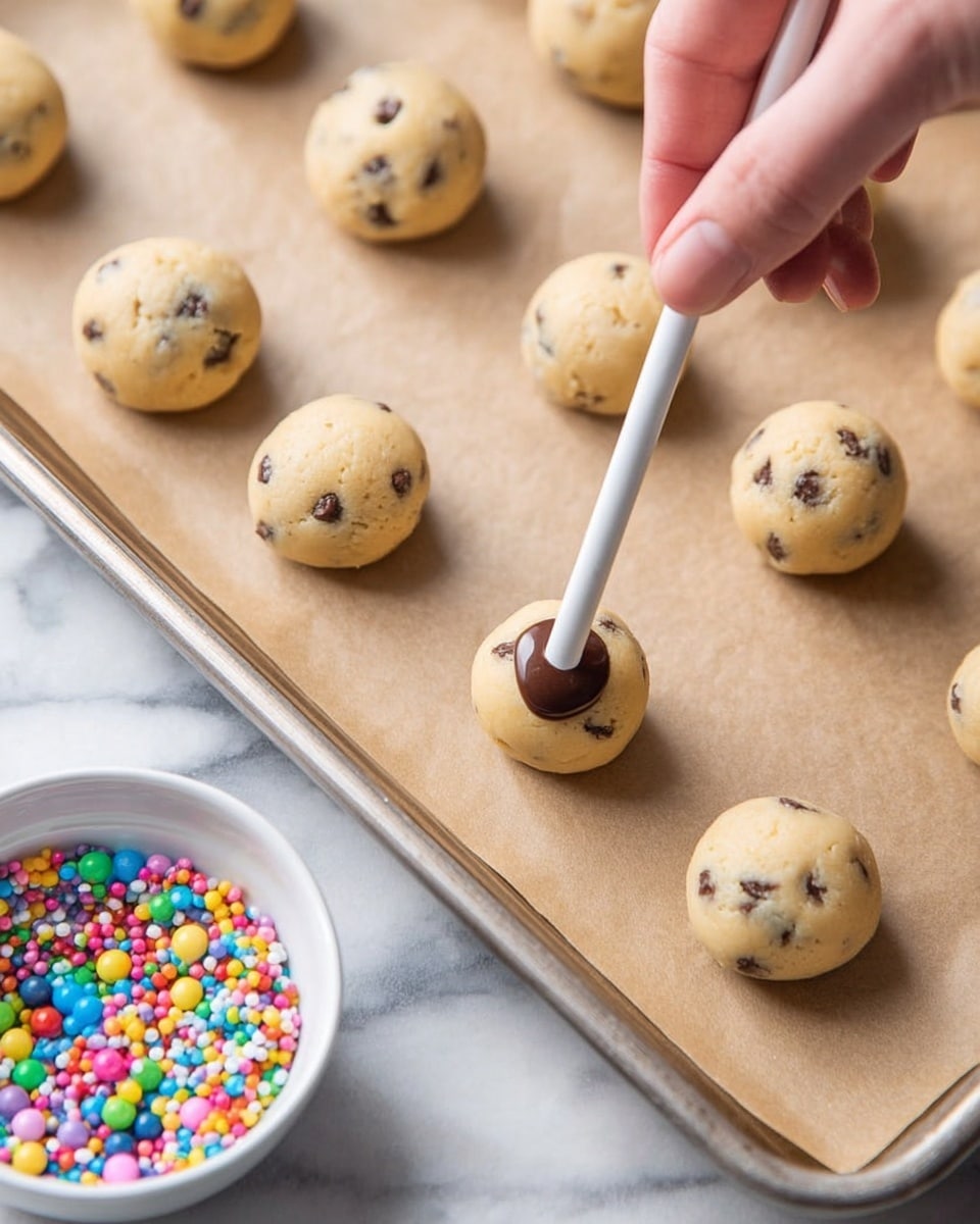 The image shows a close-up of about fifteen small round balls of light beige dough with small dark chocolate chips mixed inside, arranged in rows on a baking tray covered with parchment paper. A woman's hand is placing a white stick into the center of one dough ball, with the tip touching a small dollop of glossy melted chocolate on top. In the lower left corner, there is a white bowl filled with colorful round and oblong candy sprinkles. The background surface is a white marbled texture. photo taken with an iphone --ar 4:5 --v 7