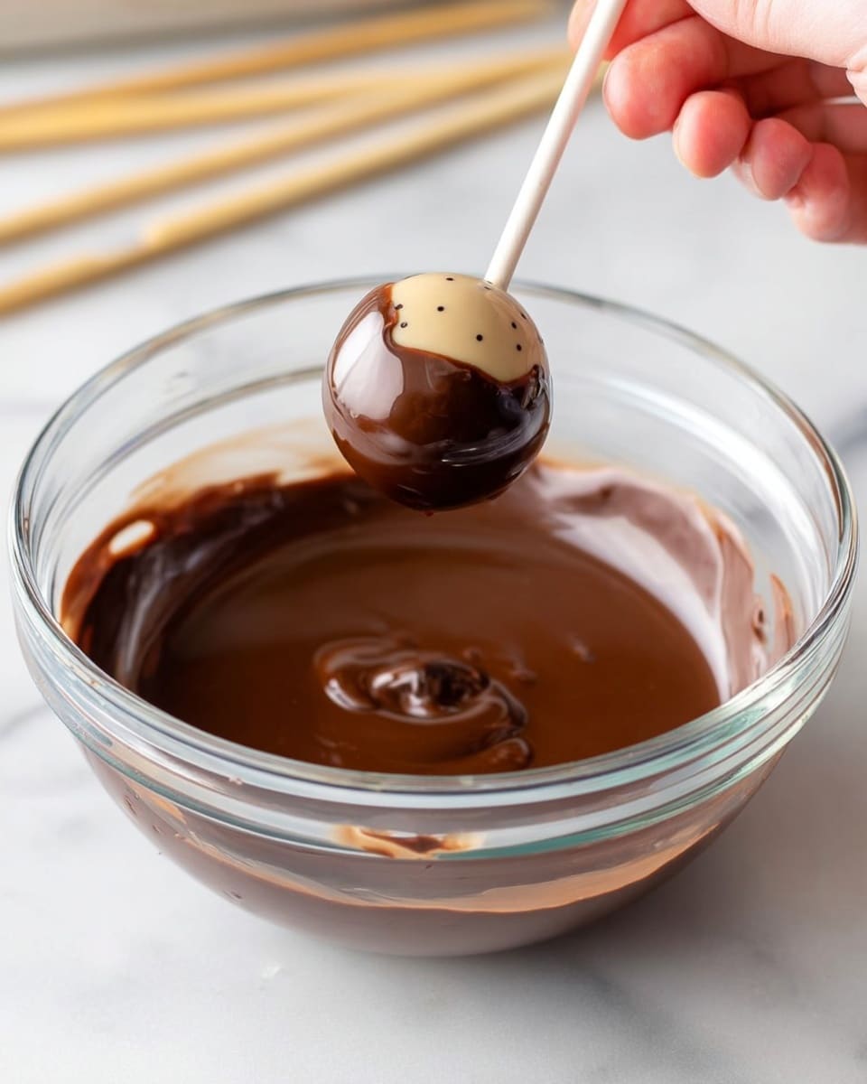 A clear glass bowl filled with smooth, shiny melted chocolate that has a rich dark brown color. A small round beige ball with tiny dark spots is dipped halfway into the chocolate on a white stick, held by a woman's hand visible just at the edge of the frame. The melted chocolate clings to the ball, forming a thick coating on the bottom half with a glossy finish, and there are some smudges of chocolate on the inside edge of the bowl. The bowl sits on a white marbled surface, with wooden chopsticks blurred in the background. photo taken with an iphone --ar 4:5 --v 7