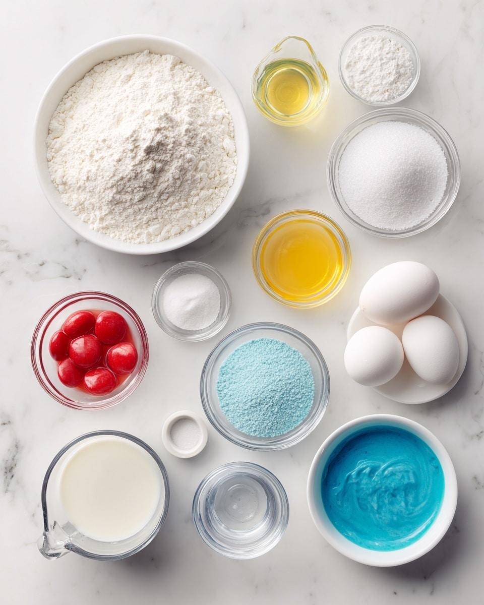 Top-down professional food photography flat lay style, bright white marble countertop, neatly arranged, evenly spaced, tidy, clean organized layout, include: bowl of all purpose flour, small bowl of granulated sugar, small bowl of baking powder, small bowl of salt, glass measuring cup of milk, small plate with large egg, small glass bottle of vanilla flavoring, glass measuring cup of vegetable oil, bowl of red candy melts, bowl of white candy melts, bowl of blue candy melts, bright soft natural lighting, sharp focus, high detail textures, realistic reflections, professional DSLR look, 4K, no finished dish, no cooked food, no hands, no text, no watermark, no brand logos --ar 4:5 --v 7