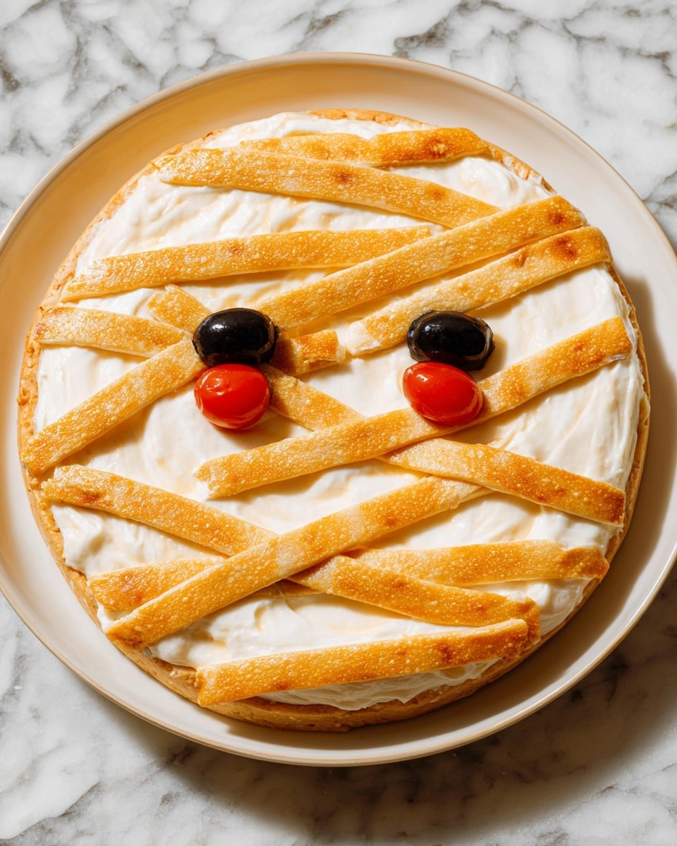 A round dish is covered with a smooth white creamy layer as the base. On top, there are several long, thin, golden-brown strips of baked dough laid over the white layer in a crisscross pattern, leaving some white visible in between. Near the center, two black olive slices with shiny red cherry tomato pieces inside them are placed to look like eyes. The dish is on a white plate, all set on a white marbled surface. Photo taken with an iphone --ar 4:5 --v 7