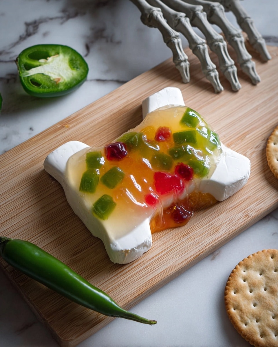A white bone-shaped cheese sits on a light wooden board, topped with a thick layer of glossy jelly that has colorful pieces of green and red embedded inside, spreading slightly over the board. To the left of the cheese, a sliced green pepper lies flat, showing its seeds, while a couple of green chili peppers are visible below the board. Above the cheese, three gray skeleton fingers reach down, creating a spooky effect. The whole scene is set against a white marbled surface, with part of a round cracker barely visible on the bottom right edge. Photo taken with an iphone --ar 4:5 --v 7
