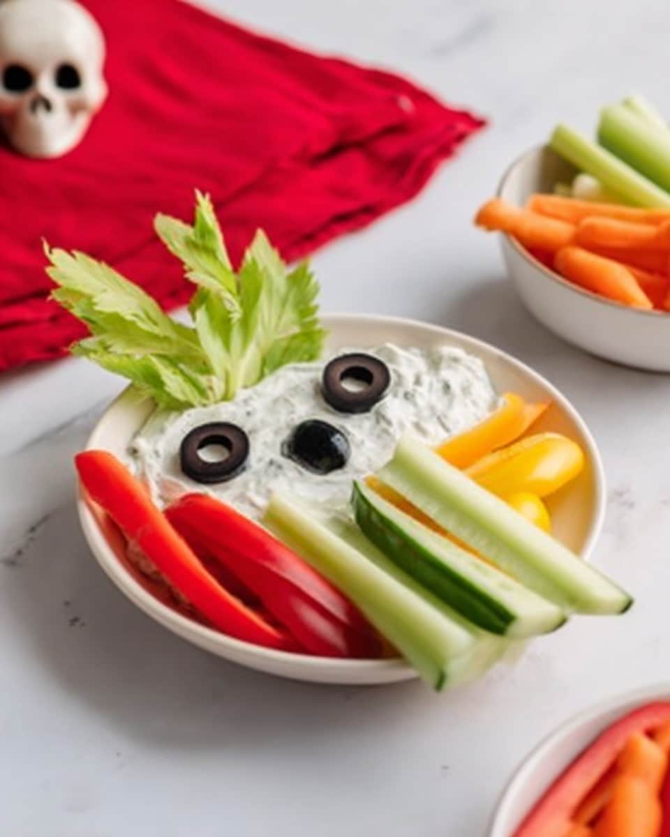 A white bowl filled with creamy white dip, decorated with black olive slices to form eyes and a small olive piece for the nose. On top of the dip is a green celery leaf creating a leafy hair effect. On the side of the bowl, there are three celery sticks placed vertically, next to slices of red and yellow bell pepper arranged horizontally. In front, a woman’s skeletal hand holds three cucumber slices in a fan shape over the bowl. The bowl is set on a white marbled surface, with a red cloth and a small skull in the background, along with a white bowl containing celery sticks and carrot sticks. Photo taken with an iphone --ar 4:5 --v 7