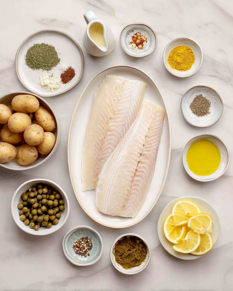 A white oval plate in the center shows two large raw white fish fillets with a smooth texture and slight cracks on top. Surrounding it, on a white marbled surface, are various small white bowls and plates holding ingredients: a bowl of small round light brown potatoes at the bottom left, a small bowl with green capers to the right, a small plate with three yellow lemon wedges on the top right, and three small bowls with yellow mustard, grainy mustard, and a golden liquid. At the top left, a small pitcher of cream, next to a plate with green dried herbs, brown spices, and minced garlic. All items are arranged neatly in a flat lay style. photo taken with an iphone --ar 4:5 --v 7
