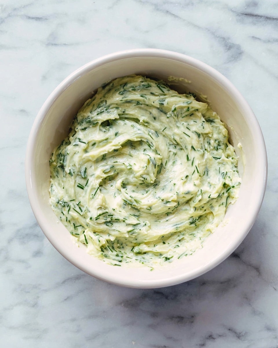 A close-up view of a white bowl filled with a creamy, light green mixture with visible small pieces of chopped herbs throughout; the texture looks soft and swirled, showing a blend of smooth cream and leafy green herbs. The bowl rests on a white marbled surface, enhancing the fresh and natural look of the mixture. photo taken with an iphone --ar 4:5 --v 7