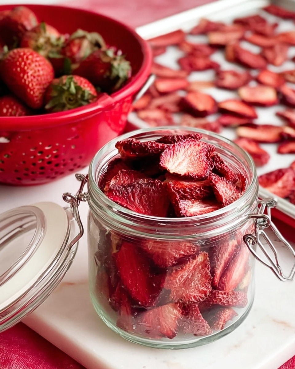 The image shows a clear glass jar filled with many thin, deep red dried strawberry slices. The jar is open with a metal clasp on the side, and the strawberries inside have a textured, wrinkled surface. Behind the jar, a red colander filled with fresh whole strawberries is visible, resting on a white marbled surface. There is also a tray in the background lined with more dried strawberry slices laid out flat. The colors are mainly red from the strawberries and white from the marbled background and jar lid, making the strawberries stand out. Photo taken with an iphone --ar 4:5 --v 7