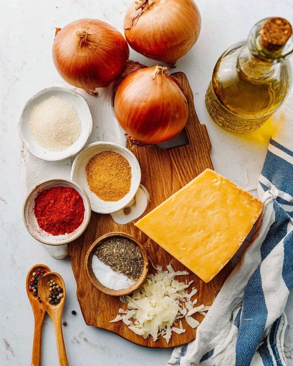 The image shows a wooden cutting board on a white marbled surface with three whole brown onions and a large wedge of hard yellow cheese with some small cheese shavings around it. Next to the board are five small containers: one white bowl holding bright red paprika powder with a wooden spoon, two white bowls with golden and white powdered spices with small wooden spoons, and two small round containers holding black pepper and white salt. A clear glass jar with golden olive oil and a white and blue striped cloth are also on the board, adding texture and color contrast. photo taken with an iphone --ar 4:5 --v 7