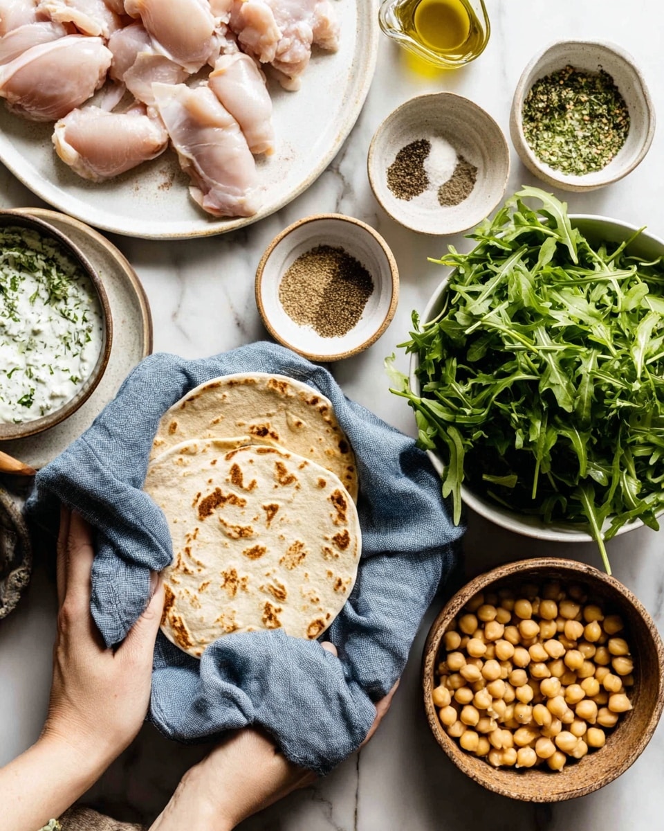 The image shows a top view of ingredients arranged on a white marbled surface for a fresh meal. In the center, a woman's hand holds two round flatbreads wrapped in a blue cloth. To the right, there is a white bowl filled with fresh green arugula leaves, and above it, a brown bowl with light golden chickpeas. Near the top left corner, there is a white plate with raw chicken pieces. Between the chicken and the chickpeas, there are four small bowls: one with white sauce with green herbs, one with black and white pepper, one with a light brown spice mix, and one with olive oil. The colors are fresh and natural, showing layers of different textures like soft flatbread, leafy greens, smooth sauce, and raw chicken. Photo taken with an iphone --ar 4:5 --v 7
