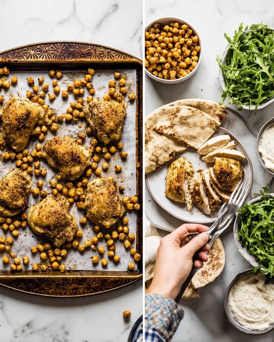 The image shows two parts: on the left, a rusty baking tray lined with paper holding five golden-brown cooked chicken pieces surrounded by scattered roasted chickpeas, all over a white marbled surface. On the right, a white plate with sliced chicken pieces arranged on it, with a woman's hand holding a fork and knife cutting one piece. Around the plate are a stack of pita bread, a white bowl filled with creamy white sauce, another white bowl of chickpeas, and a bowl of fresh green arugula, all placed on a white marbled background. photo taken with an iphone --ar 4:5 --v 7