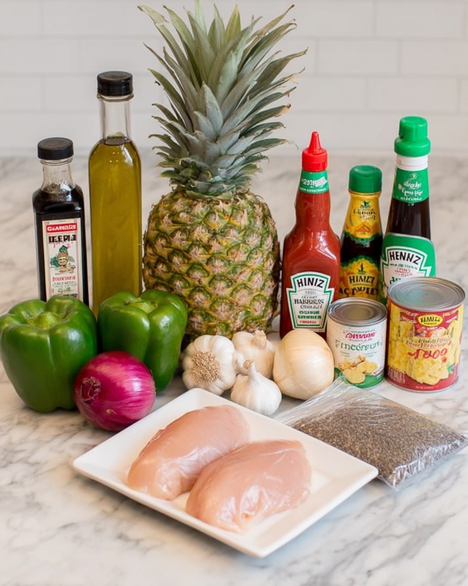 The image shows a white rectangular plate with two raw chicken breasts placed side by side in the center foreground. Behind the plate, there is a large fresh pineapple with green spiky leaves on top placed on a white marble surface. To the left of the pineapple, there are two green bell peppers next to a clear glass bottle with olive oil and a small container with dark liquid, likely soy sauce. In front of the pineapple and peppers, there is a red onion and two bulbs of garlic. On the right side of the pineapple, there are three bottles and cans lined up: a green-capped bottle of rice vinegar, a green soy sauce bottle, a red ketchup bottle labeled Heinz, a can of pineapple juice, a can of diced pineapple, and a small transparent pepper grinder. A clear bag of dark brown sugar is placed in front of the vegetables and bottles on the marble surface. Photo taken with an iphone --ar 4:5 --v 7