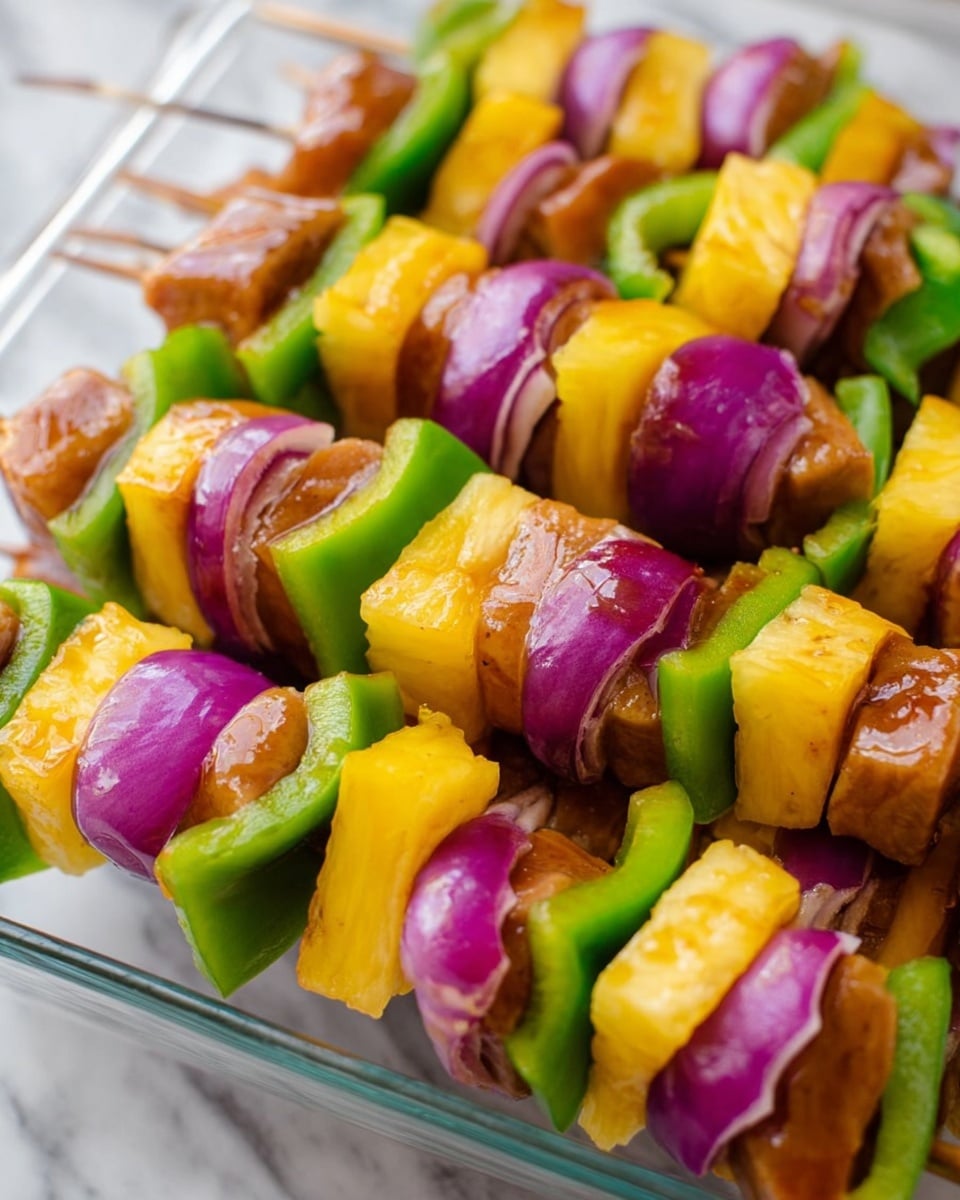 The image shows several skewers with four layers each, placed on a clear glass dish. Each skewer has chunks of light brown marinated meat with a smooth texture on one end, followed by a bright yellow pineapple piece with a juicy, fibrous look. Next is a green bell pepper piece, smooth and glossy. Finally, there is a purple-red onion segment with a slightly shiny, layered texture. The skewers are arranged close together on a white marbled surface. photo taken with an iphone --ar 4:5 --v 7