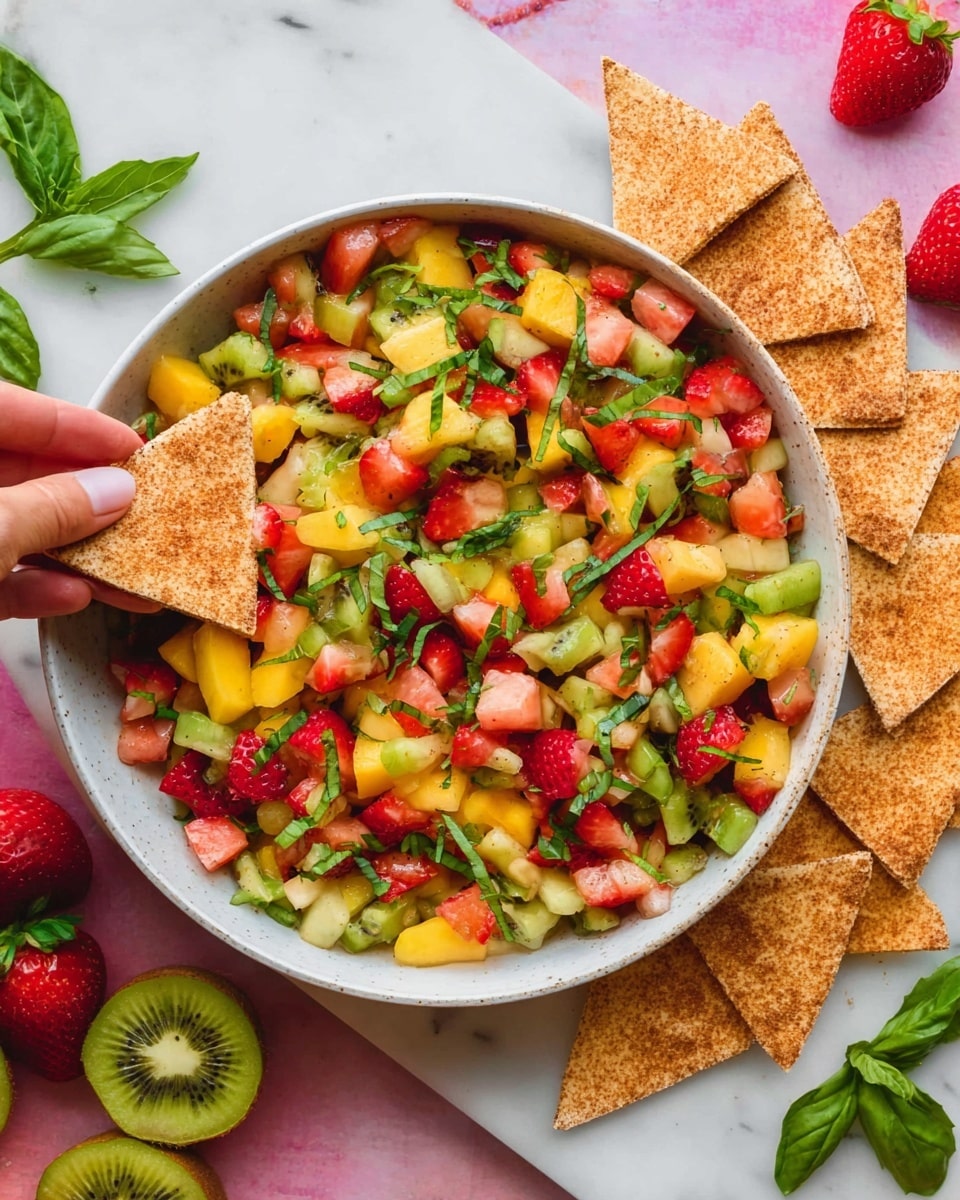 A large white bowl filled with a colorful mix of small diced fruits including red strawberries, green kiwis, yellow mangoes, and some light pink pieces, all topped with thin strips of green basil leaves. The vibrant fruit salad has a fresh, juicy texture. Surrounding the bowl are several triangular pieces of cinnamon sugar pita chips, with a woman's hand holding one chip dipped into the fruit mix. The scene is set on a white marbled surface with additional whole fruits like kiwi, strawberry, and pineapple partly visible around the bowl. Photo taken with an iphone --ar 4:5 --v 7