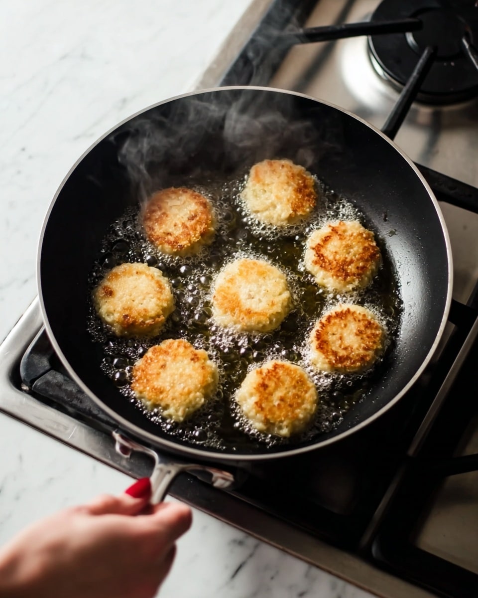 A black frying pan is on a stove with silver burners, and inside the pan are seven small round patties. Each patty has a golden brown crispy top with some lighter beige parts and bubbles of oil around them. Steam rises from the pan, showing the patties are hot and cooking. A woman's hand is holding the pan handle from the lower left. The surface around the stove is white marble. photo taken with an iphone --ar 4:5 --v 7