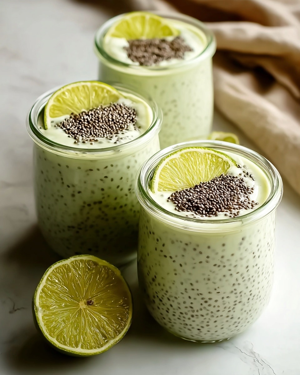 Three clear glass jars are filled with a creamy pale green pudding mixed with tiny dark chia seeds evenly spread through each jar. Each jar is topped with a small mound of chia seeds in the center and two thin lime slices resting on the edge at opposite sides. A halved lime sits next to the jars on a white marbled surface, with a soft beige cloth partially visible behind the jars. The light is bright and natural, giving a fresh and clean look to the scene. photo taken with an iphone --ar 4:5 --v 7
