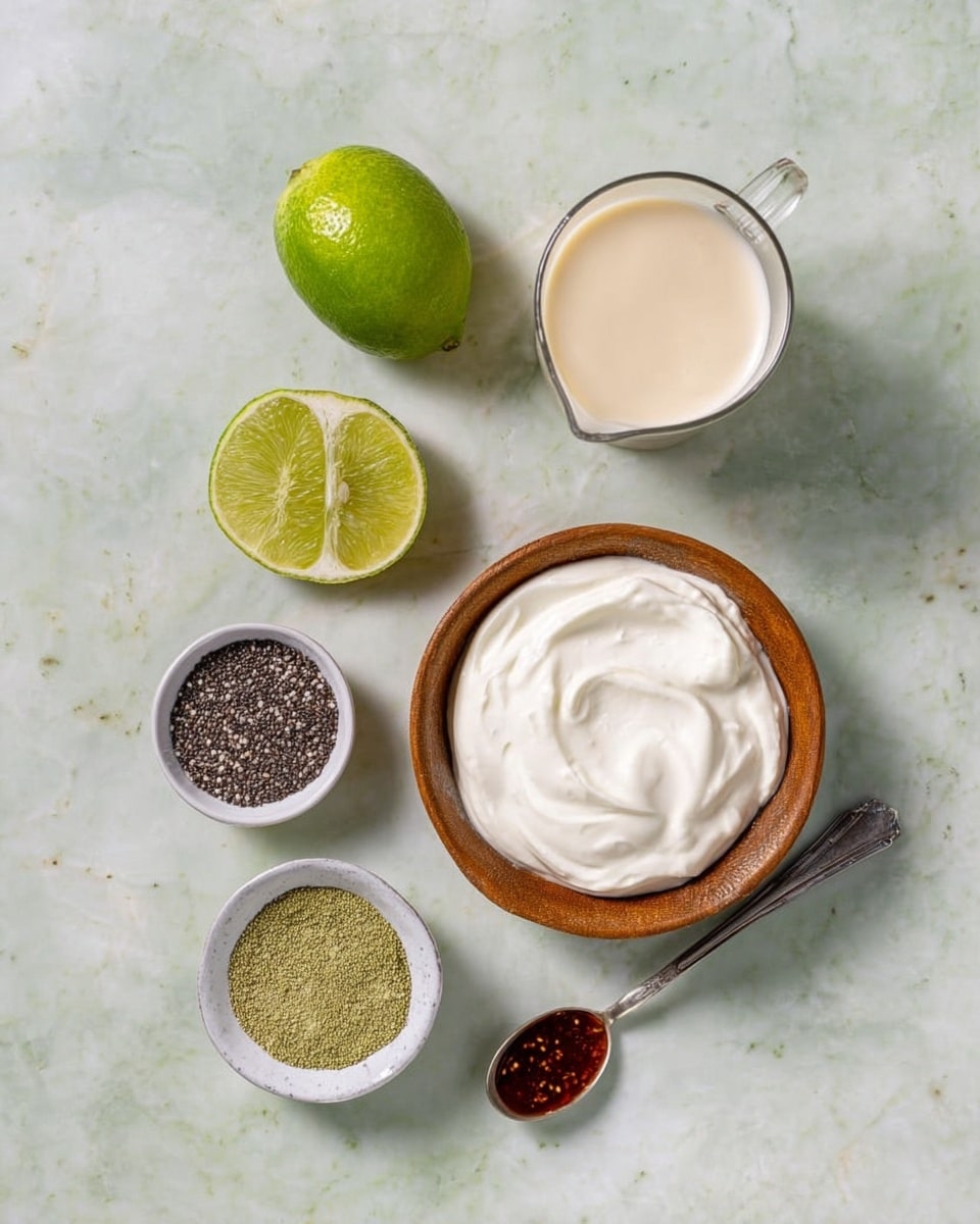 The image shows six ingredients placed on a white marbled surface. At the center, there is a wooden bowl filled with thick, creamy white yogurt with a smooth texture. Above it and slightly to the left, a whole lime and a lime half with visible segments sit side by side. To the right of the yogurt bowl, a small glass pitcher holds light beige milk with a smooth surface. Below the glass pitcher, a small white bowl is filled with tiny dark chia seeds with a slightly rough texture. To the left of the chia seeds bowl, another small white bowl contains a green powder and a small amount of white granules, placed side by side. To the left of the yogurt bowl, a silver measuring spoon holds a dark reddish-brown liquid with a shiny surface. The overall color scheme is natural tones of green, white, brown, and beige, set on the smooth, bright white marble background. photo taken with an iphone --ar 4:5 --v 7