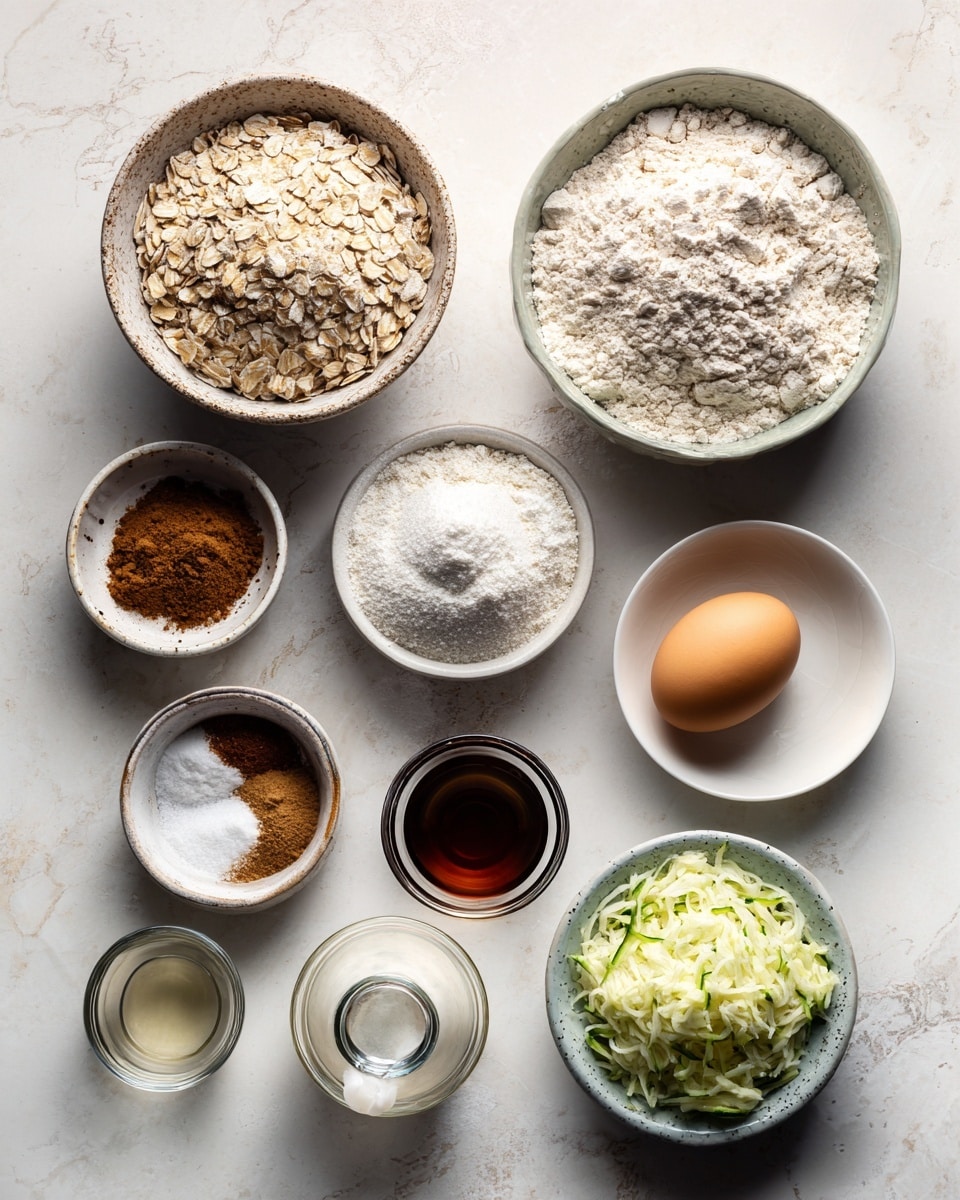 Top-down professional food photography, flat lay style, bright white marble countertop, neatly arranged, evenly spaced, tidy, clean organized layout. Include: bowl of instant oats, small bowl of whole wheat flour, small bowl of baking powder, small bowl of ground cinnamon, small bowl of ground nutmeg, small bowl of salt, small glass cup of melted coconut oil, small plate with large egg, small bottle of vanilla flavoring, small glass measuring cup of pure maple syrup, bowl of freshly grated zucchini. Bright soft natural lighting, sharp focus, high detail textures, realistic reflections, professional DSLR look, 4K, no finished dish, no cooked food, no hands, no text, no watermark, no brand logos --ar 4:5 --v 7