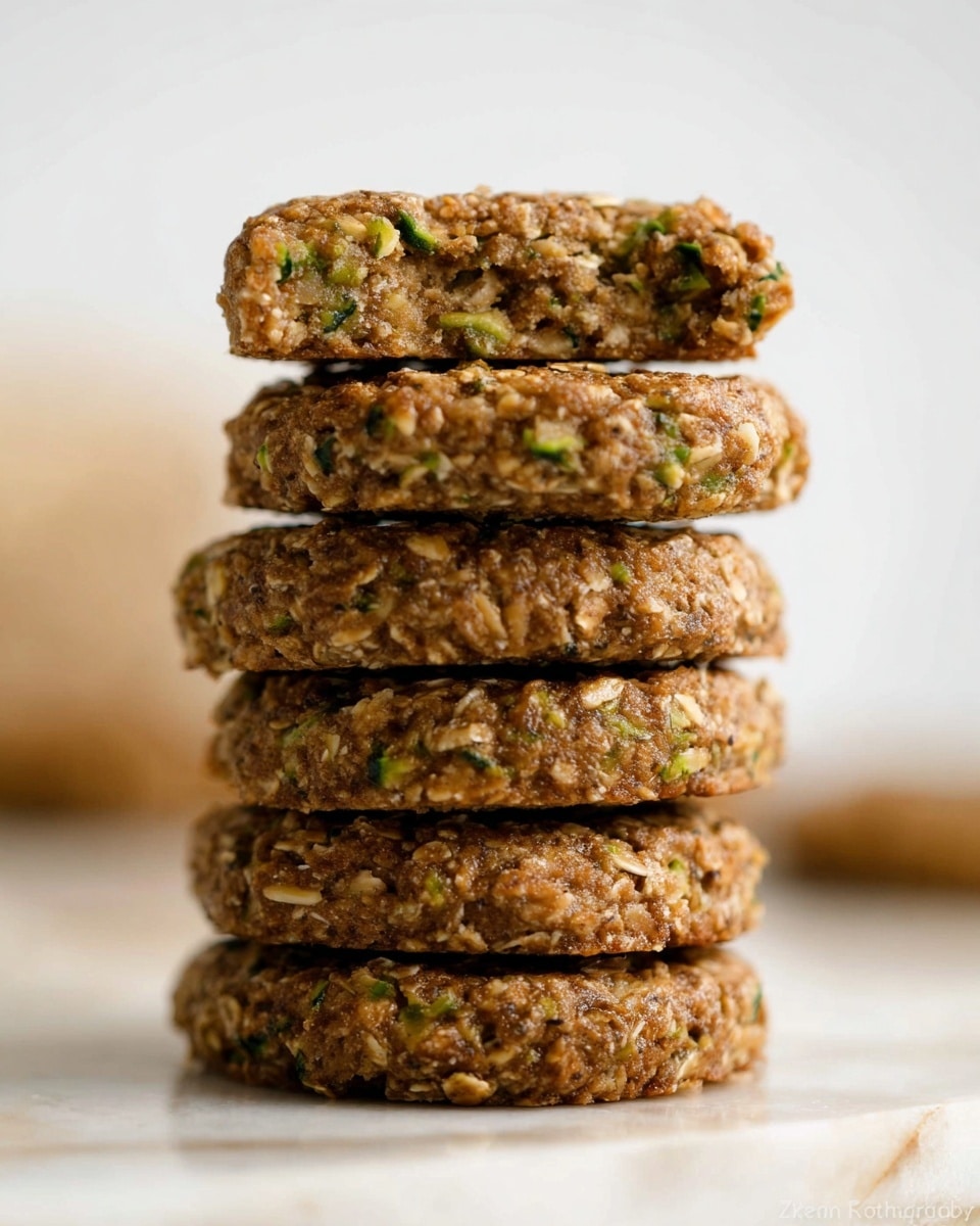 A stack of five thick, round oat cookies sits on a white marbled surface, with the top cookie split in half to reveal a soft, chewy inside dotted with small green bits, likely zucchini. Each cookie has a rough, textured surface with visible oat flakes and hints of green throughout, showing a moist and dense quality. The cookies are layered directly on top of each other, creating a neat vertical tower. The background is softly blurred, keeping the focus on the warm brown tones and natural texture of the oat cookies. Photo taken with an iphone --ar 4:5 --v 7