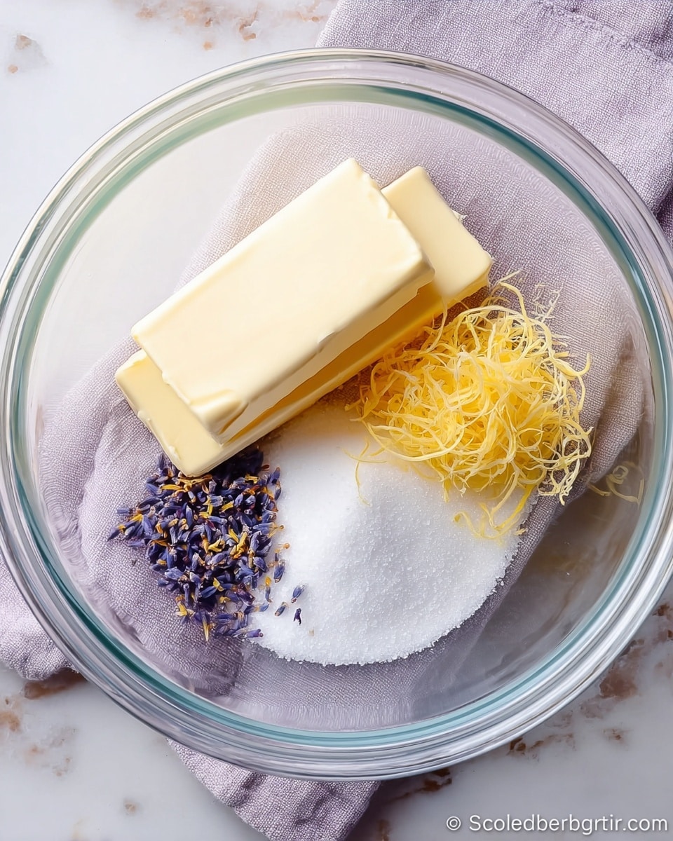 A clear glass mixing bowl is shown from above on a white marbled surface with a light purple cloth underneath. Inside the bowl, there are two thick pale yellow sticks of butter lying side by side on the left. To the right of the butter, there is a small pile of fine white sugar. On top of the butter and sugar, there are some small dark purple dried flower petals and a bundle of thin, curly yellow lemon zest strands. The ingredients look fresh and ready to be mixed. photo taken with an iphone --ar 4:5 --v 7