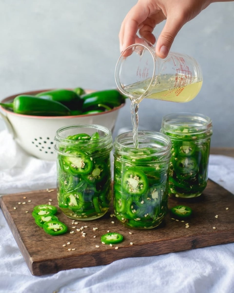 The image shows three clear glass jars filled with bright green sliced jalapeños placed on a wooden board. A woman’s hand is pouring a clear, slightly yellow liquid with some seeds from a clear glass measuring cup into the middle jar. Around the jars, there are a few loose slices and seeds on the board. Behind the jars, a white colander with whole jalapeños rests on a white marbled surface covered partially by a white cloth. The background wall is pale, with soft lighting highlighting the fresh, shiny texture of the jalapeños. photo taken with an iphone --ar 4:5 --v 7