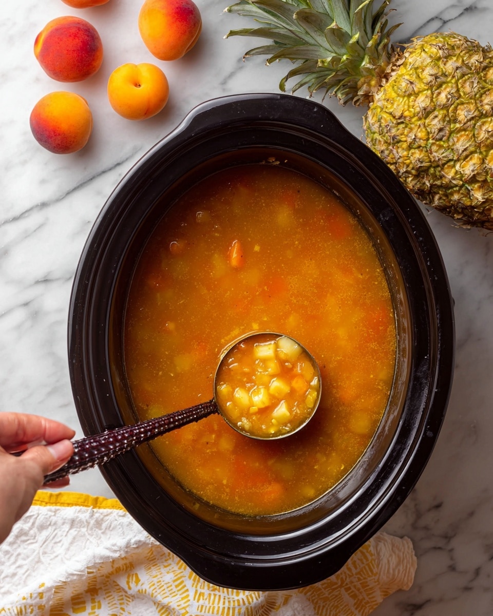 A black slow cooker holds a bright orange soup with visible chunks of fruit or vegetables, giving the liquid a slightly thick texture. A ladle with a dark handle scoops some soup, showing more of the chunky contents inside. The slow cooker sits on a white marbled surface, near a large whole pineapple and three apricots with a warm orange and red gradient. A white cloth with yellow lines is partially visible under the slow cooker. A woman's hand is holding the ladle. photo taken with an iphone --ar 4:5 --v 7