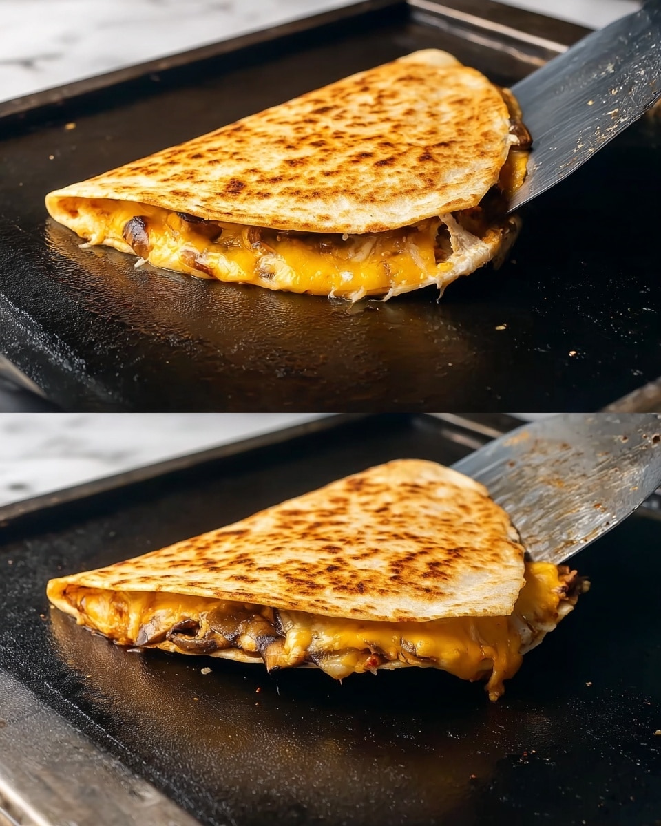 A close-up view of a folded quesadilla cooking on a black flat grill, showing two layers of golden brown, slightly crispy tortilla with visible grill marks. Inside, there are layers of melted yellow cheese, melted white cheese, small dark pieces of mushrooms, and light colored rice, partially spilling out from the edges. The quesadilla is folded in half, with a warm, slightly shiny texture on the outside. In the second image, a metal spatula with a black handle presses down on the quesadilla on the grill, lifting it slightly. The background is a white marbled texture. Photo taken with an iphone --ar 4:5 --v 7