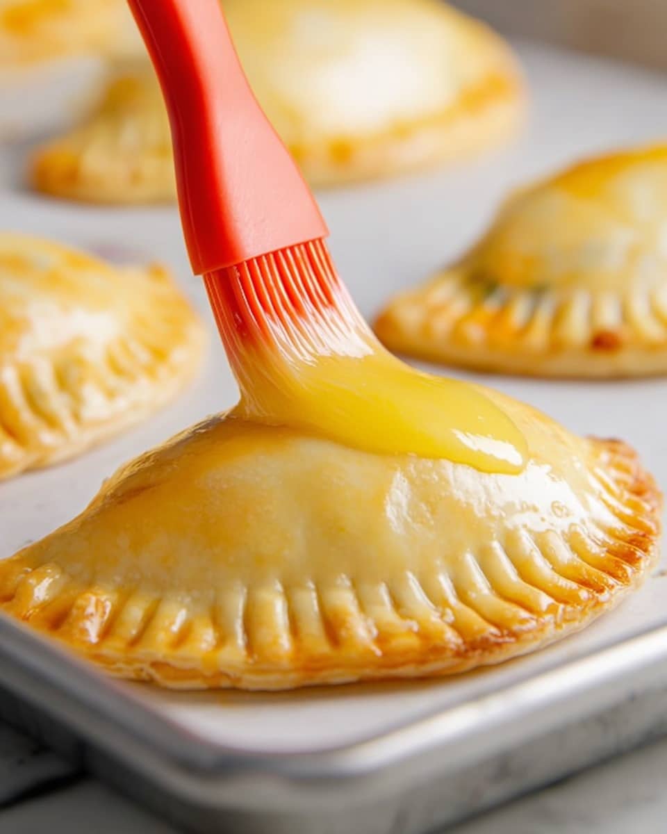 The image shows a close-up view of a single pastry with light golden dough, folded in half with sealed edges that have a crimped pattern. A bright red brush is gently spreading a shiny yellow glaze over the top surface of the pastry, creating a smooth, glossy layer. In the blurred background, there are more similar pastries, all resting on a flat metal baking sheet. The setting has a white marbled texture as the background. photo taken with an iphone --ar 4:5 --v 7