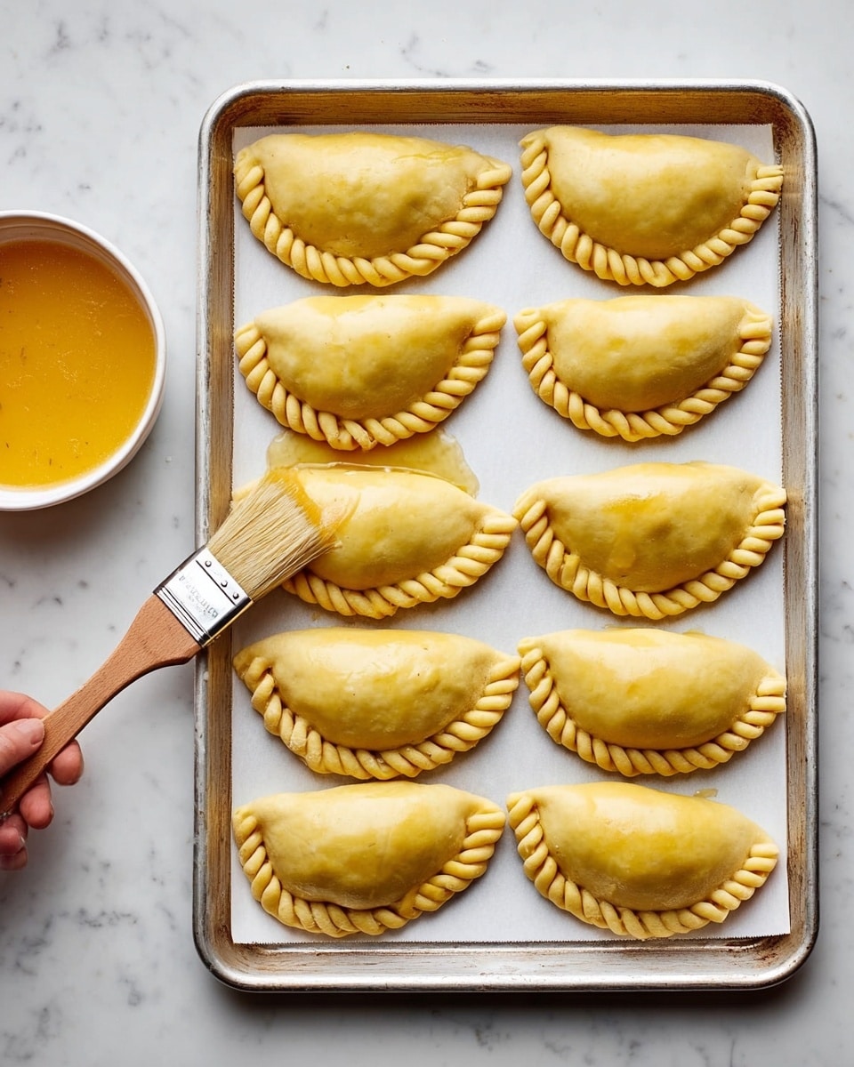 There is a silver baking tray lined with white parchment paper on a white marbled surface. On the tray, there are ten uncooked empanadas arranged in three rows, each golden yellow with braided edges and a smooth, slightly shiny dough surface. On the left side of the image, a small white bowl contains an orange liquid, with a wooden brush being held by a woman’s hand dipping into it, brushing the empanada closest to the bottom left corner. The photo taken with an iphone --ar 4:5 --v 7