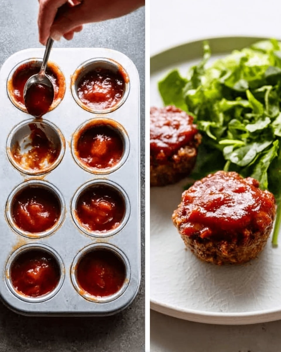 The image shows two scenes side by side. On the left, a white metal muffin tray holds six muffin cups filled with a reddish-brown sauce, each being spread smoothly by a woman's hand using a spoon. On the right, two cooked mini meatloaves sit on a white plate with a white marbled surface beneath; the meatloaves are topped with the same reddish-brown sauce, looking moist and slightly shiny. The plate includes a green salad next to the meatloaves, adding a fresh and leafy texture to the scene. Photo taken with an iphone --ar 4:5 --v 7
